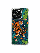 Distinct bold orange-black striped guardian tiger winding through thick layered tropical undergrowth inside enclosed night garden iPhone 13 pro Case from PhoneCasing, wear-resistant glossy iPhone 13 pro casing, wild-nature vitality art phone cover.