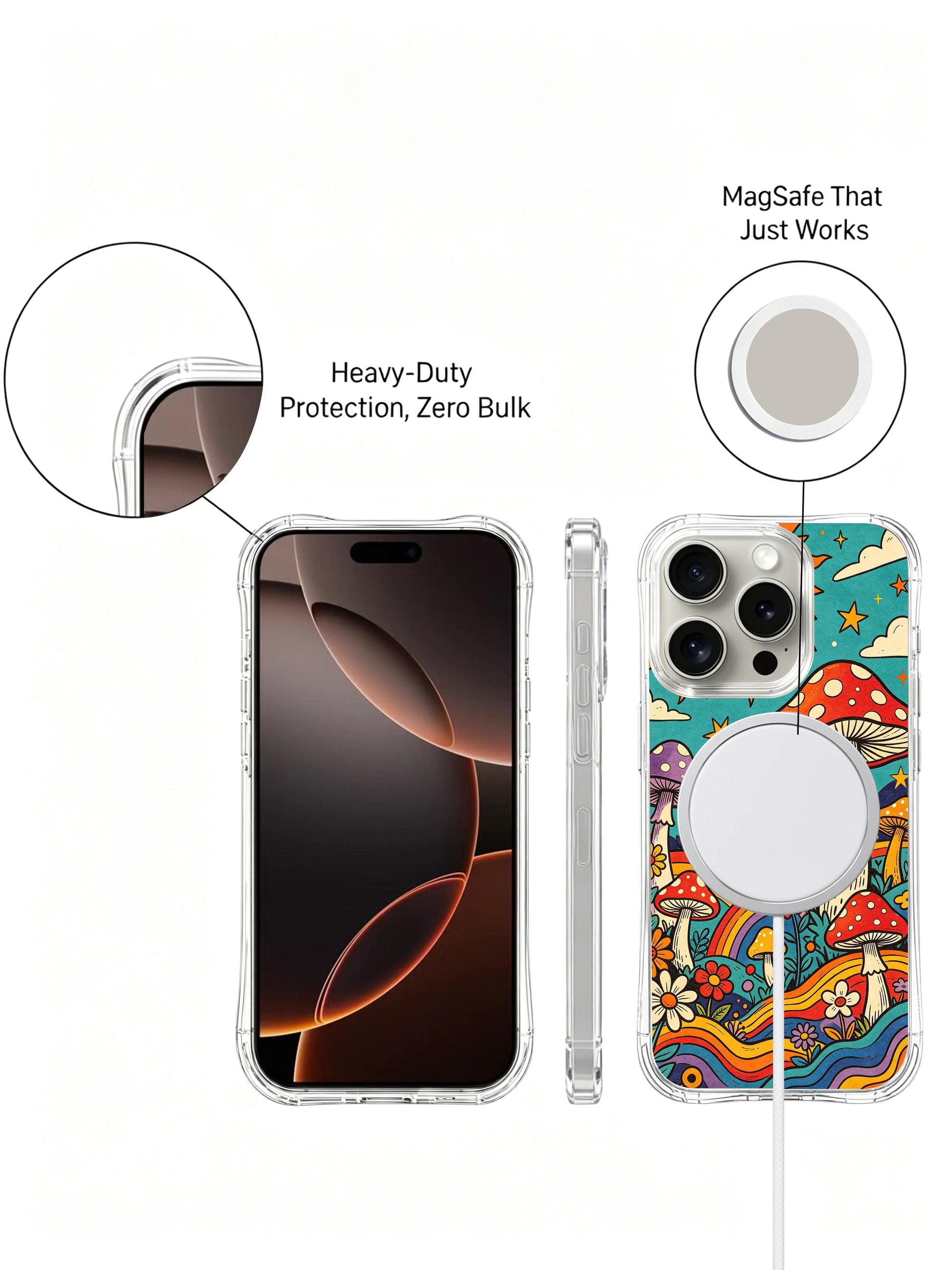 PhoneCasing iPhone 16 pro max Case, exclusive artist collab illustrated casing with corner spiral sun & dense mixed wildflowers amid clustered mushroom grove, durable premium art casing for everyday use