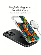 Orange tiger among starry jungle flowers artwork on an iPhone 13 Pro case