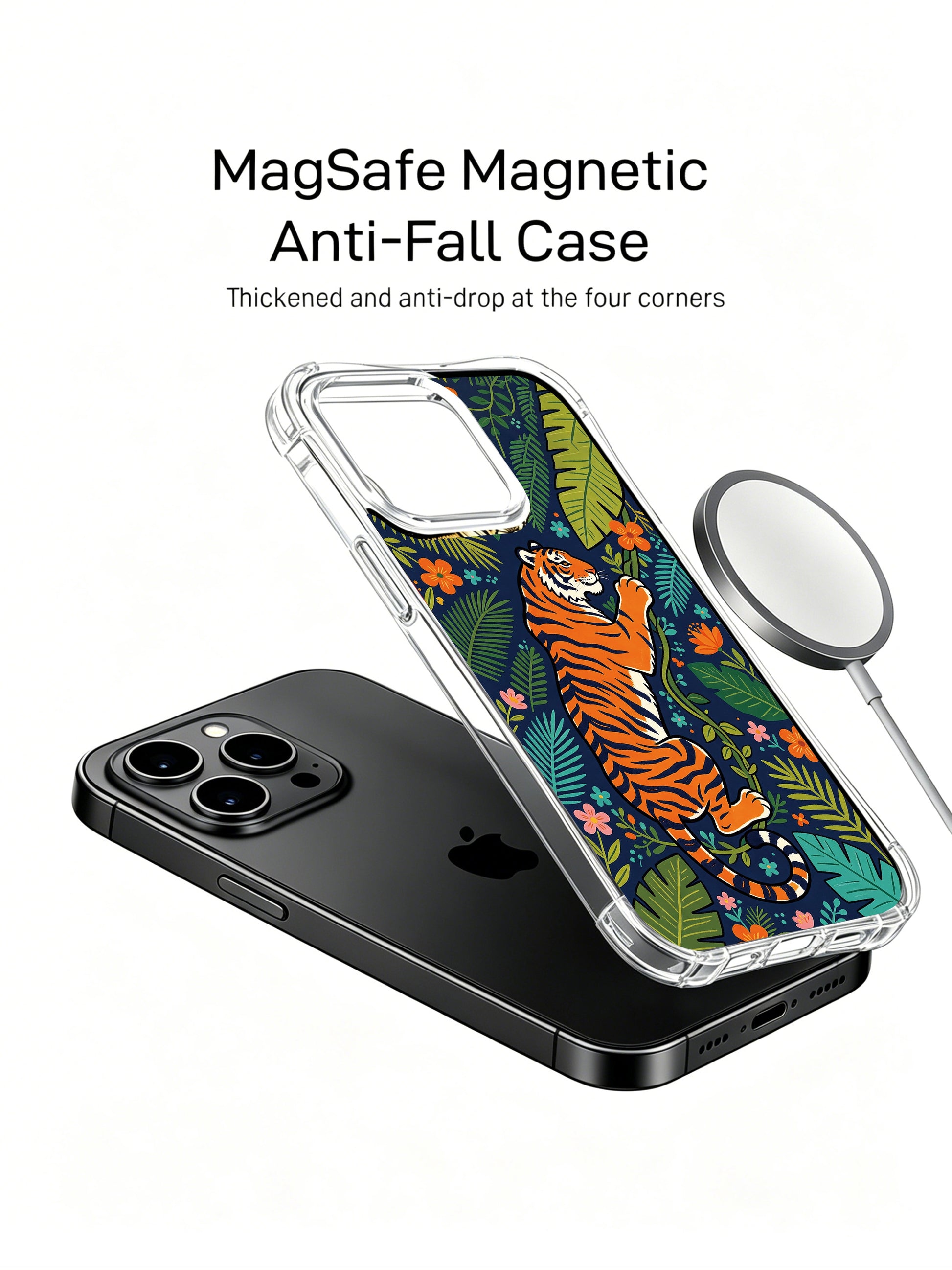 Hand drawn orange tiger climbing winding vine iPhone 13 pro Case from PhoneCasing, shockproof transparent iPhone 13 pro casing filled with layered palm and monstera foliage, exclusive tropical art phone cover.