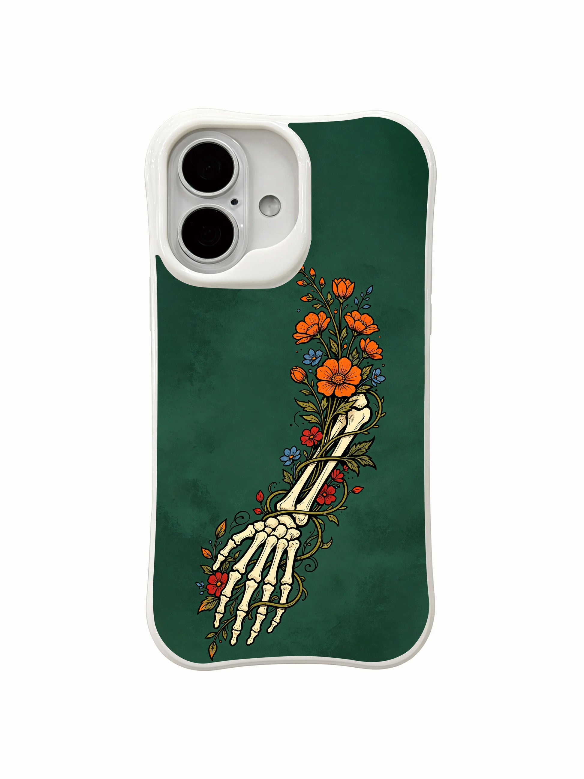 PhoneCasing organic orange cosmos red rose blue wildflower & skeleton hand sketch iPhone 16 Case, stain-proof glossy finish daily-use iPhone 16 cover