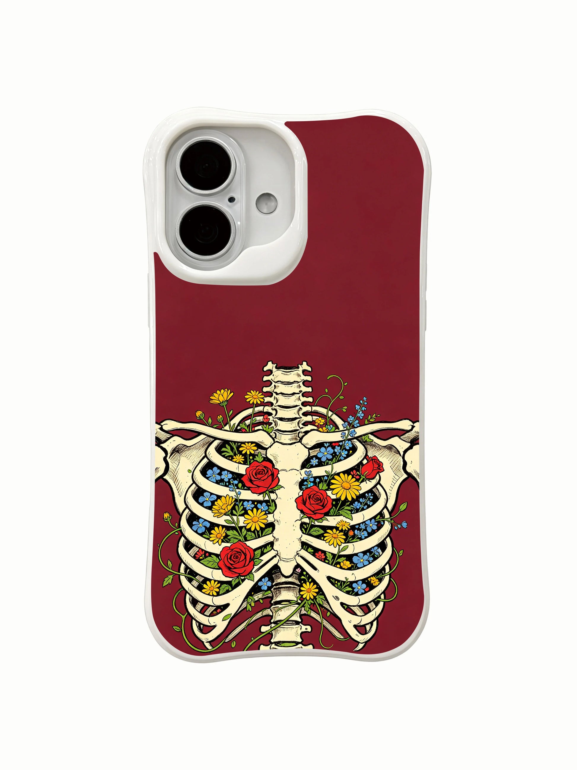 PhoneCasing organic mixed wildflower ribcage skeleton sketch iPhone 16 Case, stain-proof glossy finish everyday-use iPhone 16 cover