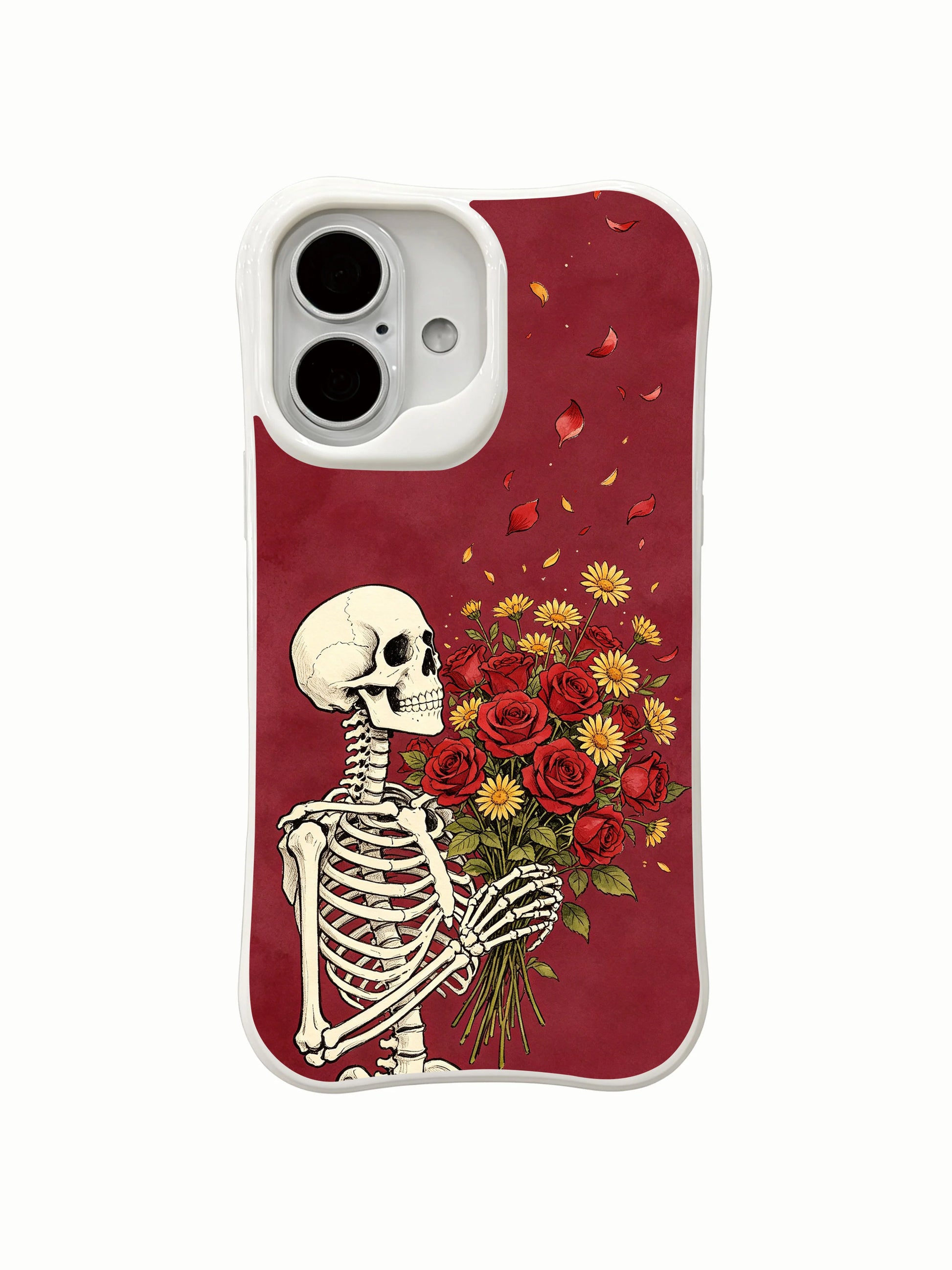 PhoneCasing organic mixed wildflower rose skeleton sketch iPhone 16 Case, stain-proof glossy finish everyday-use iPhone 16 cover