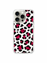 Camera cutout detailed shot of PhoneCasing original Roxy Wildhart Berry Wild White leopard iPhone 14 Pro Case, elevated raised lens bezel prevents flat surface scuffs without covering vibrant bold watercolor art details