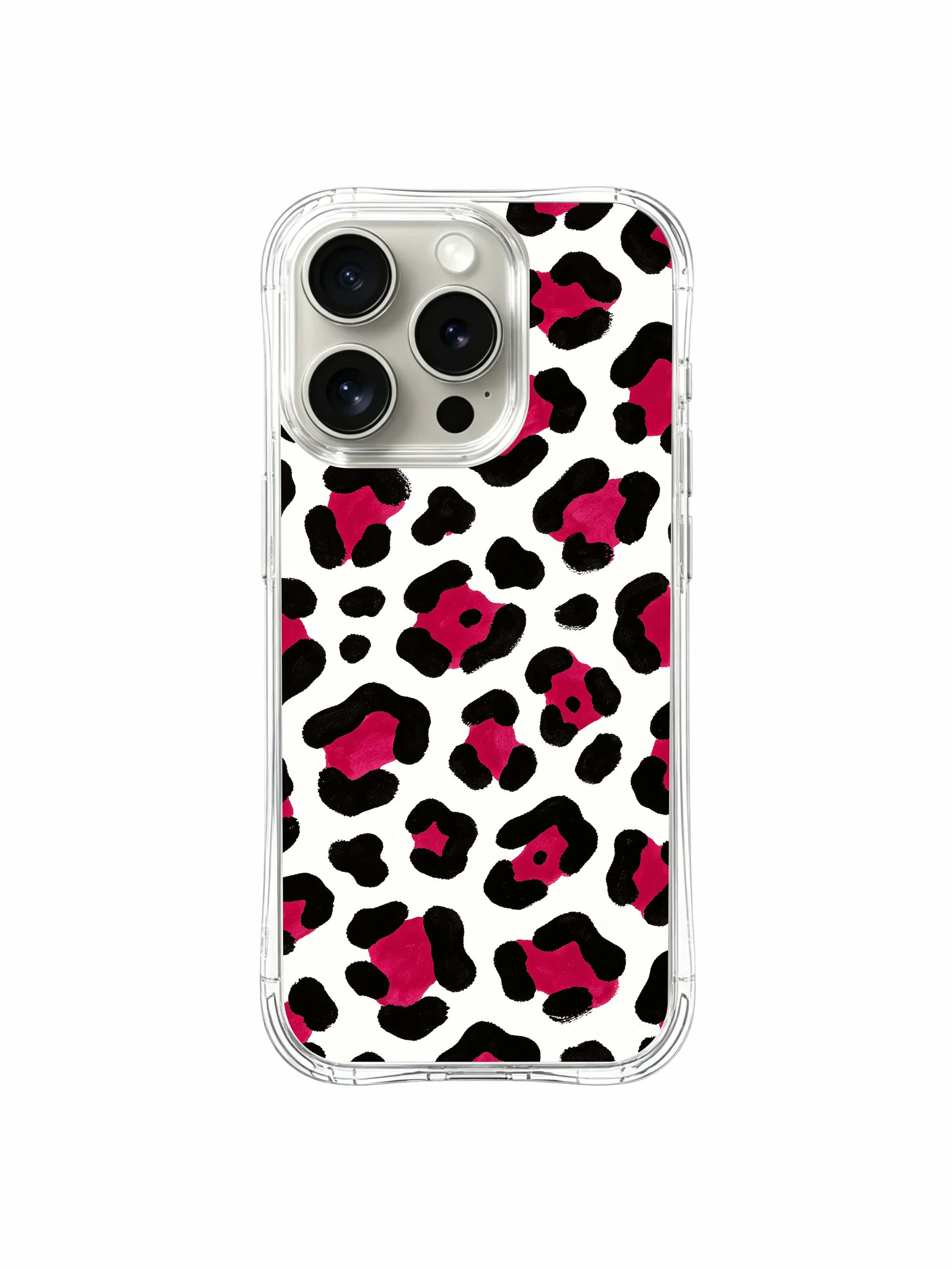 Camera cutout detailed shot of PhoneCasing original Roxy Wildhart Berry Wild White leopard iPhone 14 Pro Case, elevated raised lens bezel prevents flat surface scuffs without covering vibrant bold watercolor art details