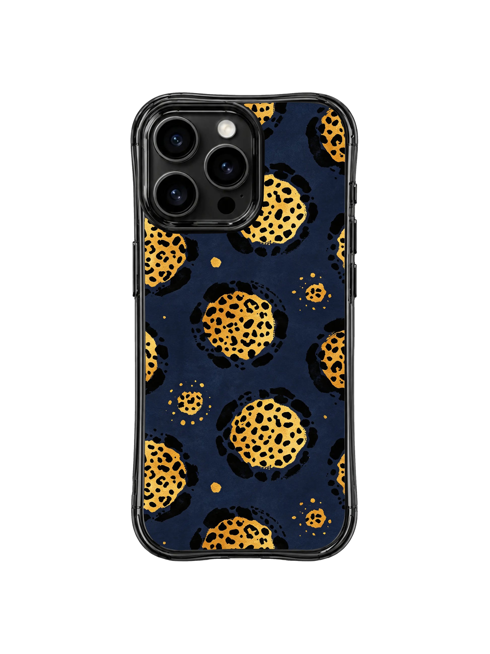 Camera cutout detailed shot of PhoneCasing original Roxy Wildhart Midnight Golden Drift leopard iPhone 14 Pro Case, elevated raised lens bezel prevents flat surface scuffs without covering muted luxe watercolor art details