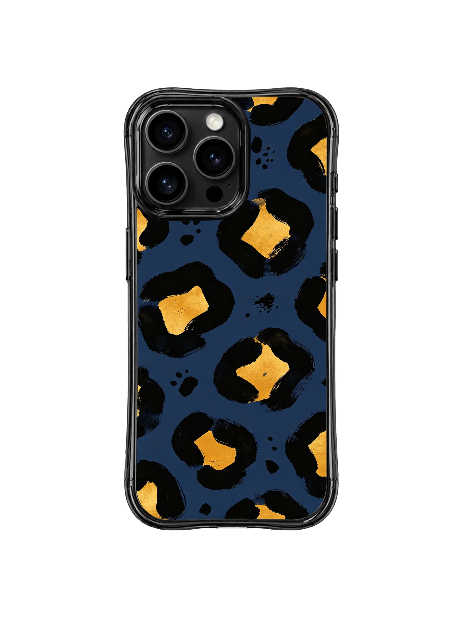 Camera cutout detail of PhoneCasing original Roxy Wildhart navy gold leopard iPhone 14 Pro Case, perfectly elevated lens bezel to prevent flat surface scratches without covering artwork