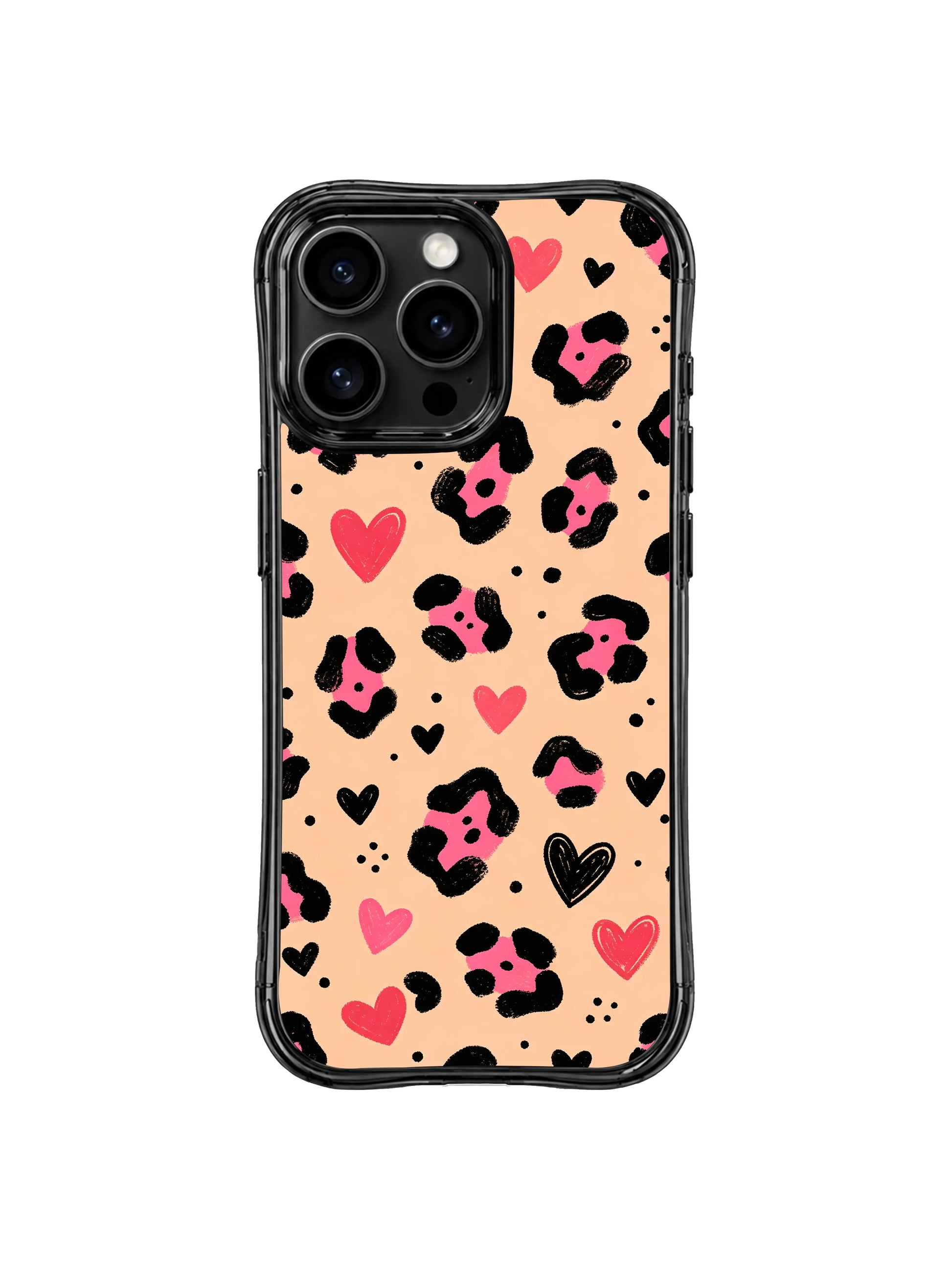 Camera cutout detailed shot of PhoneCasing original Roxy Wildhart peach heart leopard iPhone 14 Pro Case, elevated raised lens bezel prevents flat surface scuffs without covering playful heart artwork details