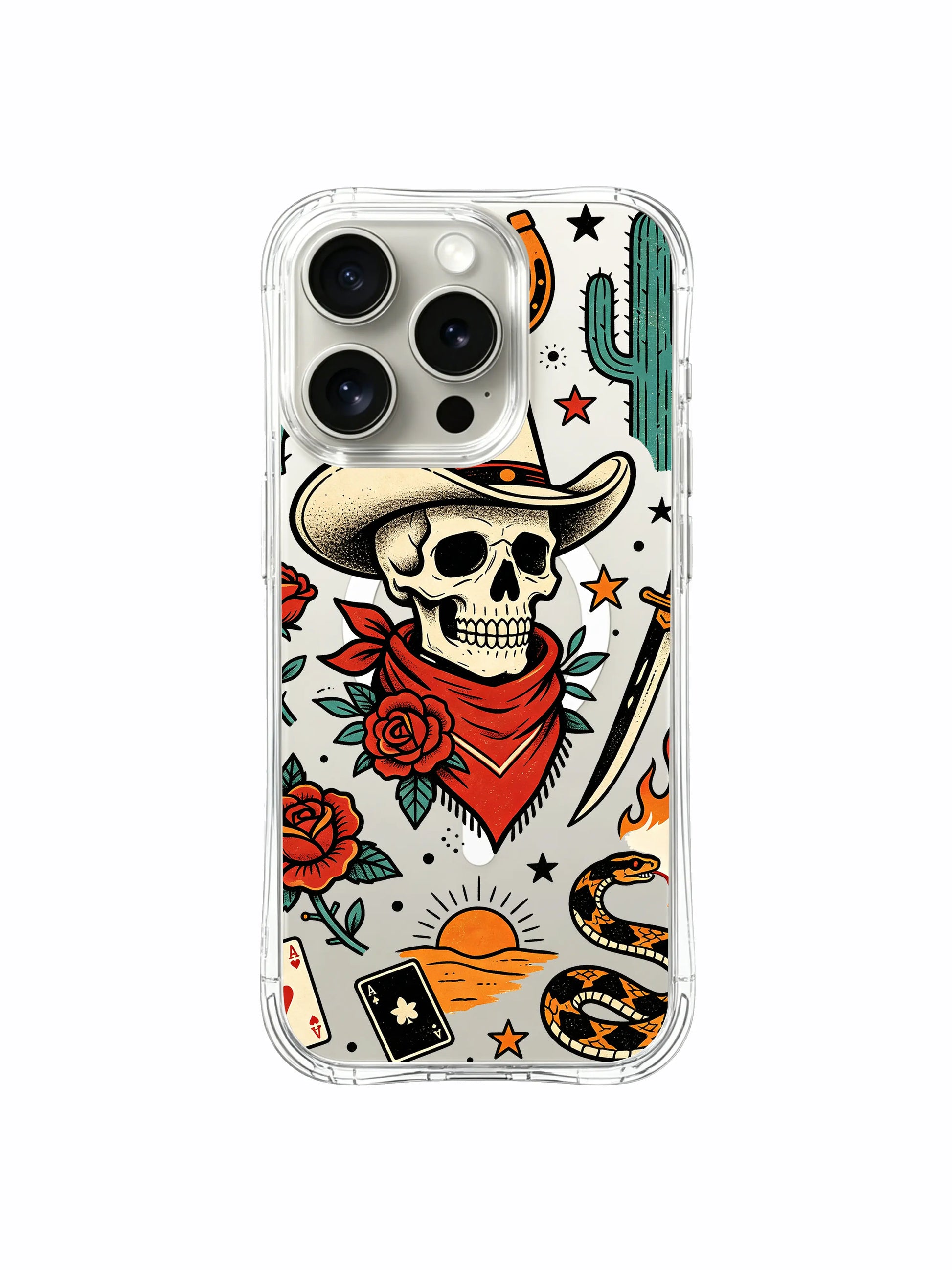 PhoneCasing iPhone 15 pro Case with decorated single dagger, two full bloom roses, diamond ace card and winding rattlesnake, collectible old school tattoo protective iPhone 15 pro casing built in California factory.