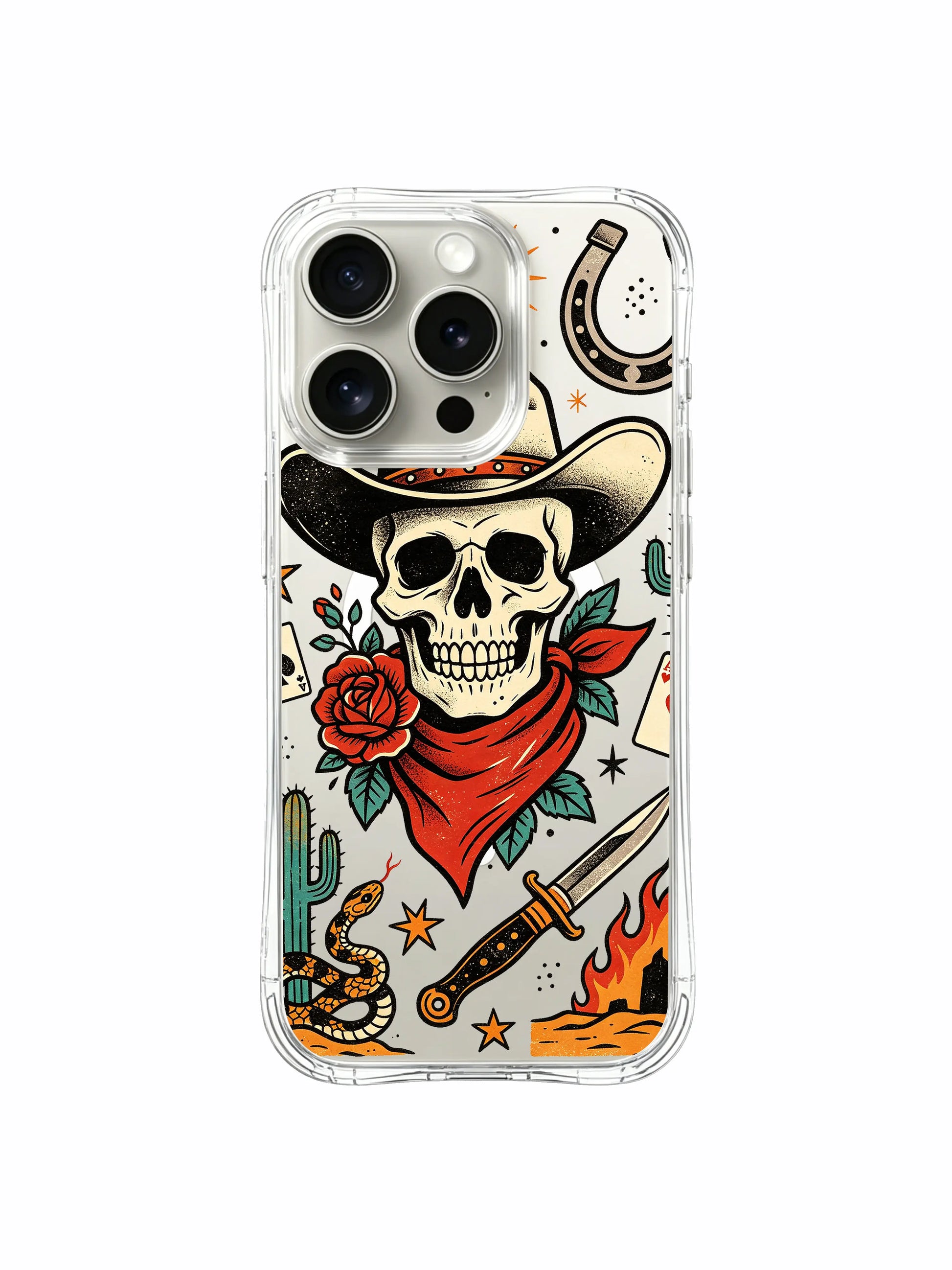 PhoneCasing iPhone 15 pro Case with big ornate horseshoe, dual desert cacti, heart ace and rattlesnake detail, premium made-in-California fine art iPhone 15 pro casing.