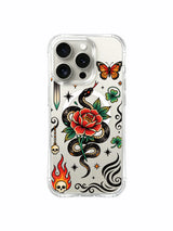 Snake and rose with skull ornament and clover artwork on an iPhone 15 Pro case