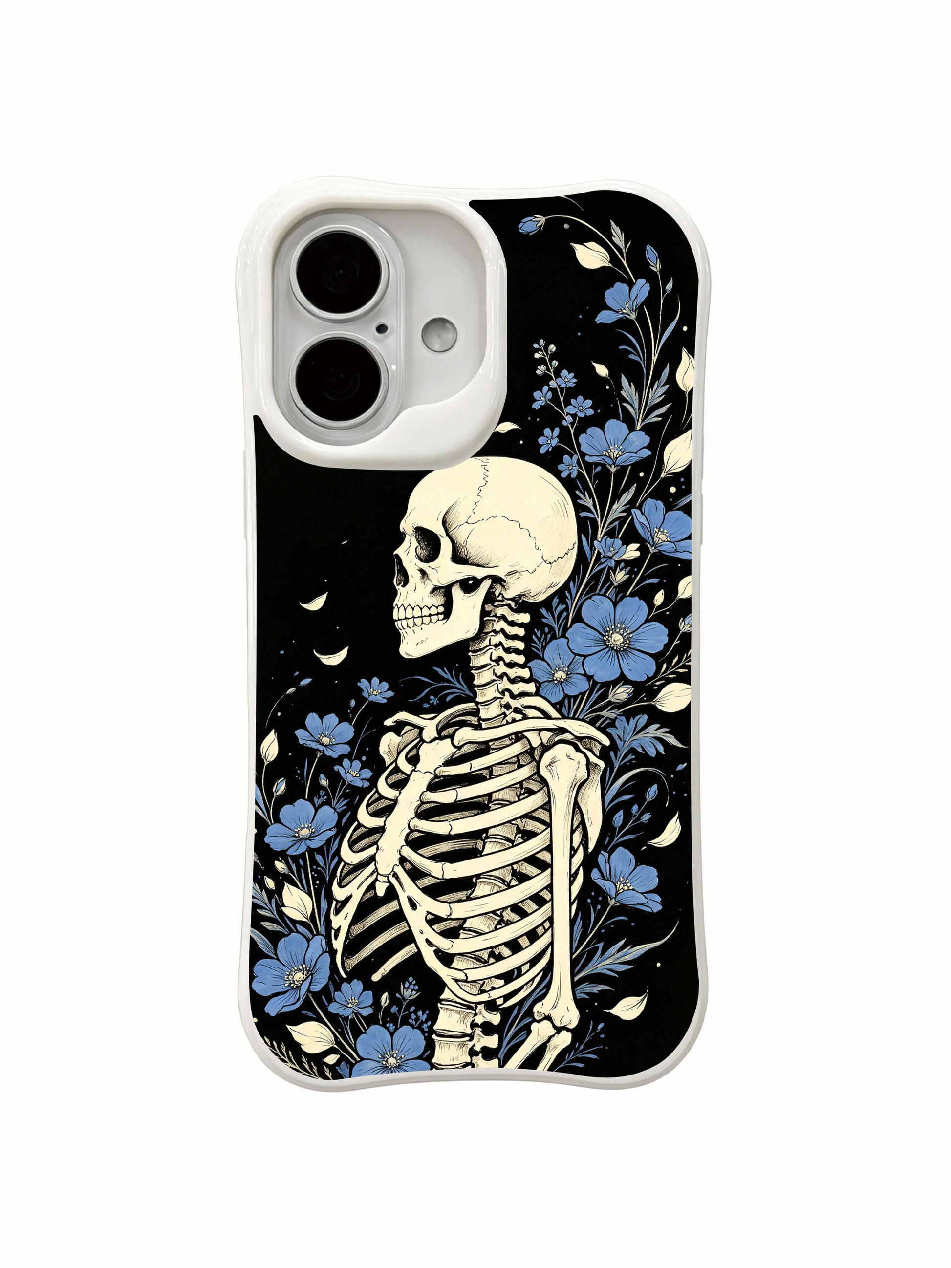 PhoneCasing Ossean Voyage morbid botanical iPhone 16 Case, exclusive Morrigan Vale art with partial skeletal torso encircled by soft ocean-blue layered blooms, fade proof custom printed protective iPhone 16 cover