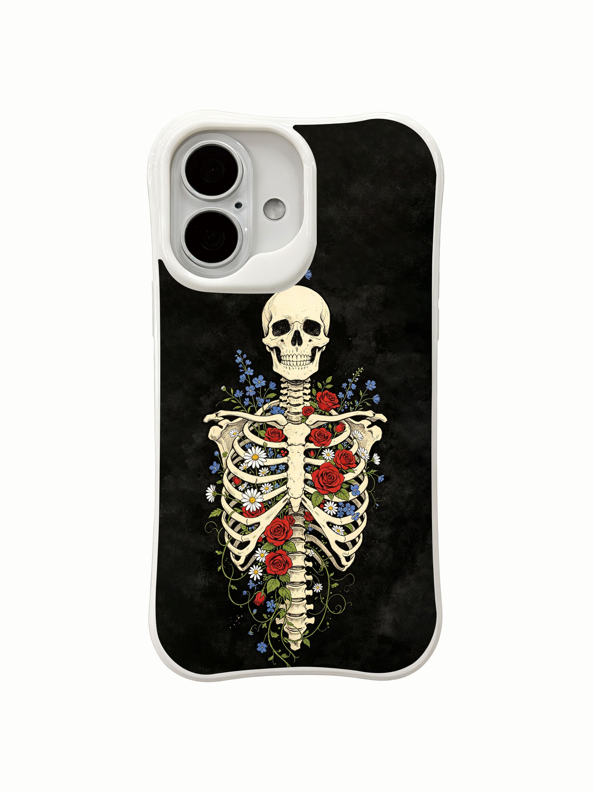 PhoneCasing Osseous Greenhouse morbid botanical iPhone 16 Case, exclusive Morrigan Vale art with complete skeletal torso packed with crimson roses, white daisies and blue star blooms, fade proof custom printed protective iPhone 16 cover