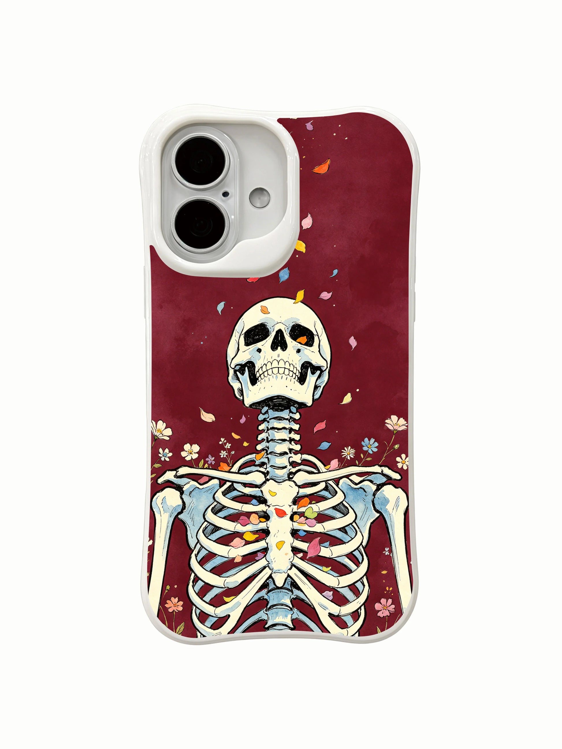 PhoneCasing lifestyle handheld Petal Ascend iPhone 16 Case, blonde model holding goth skeleton petal artwork case outdoors, slim lightweight scratch resistant glossy iPhone 16 cover