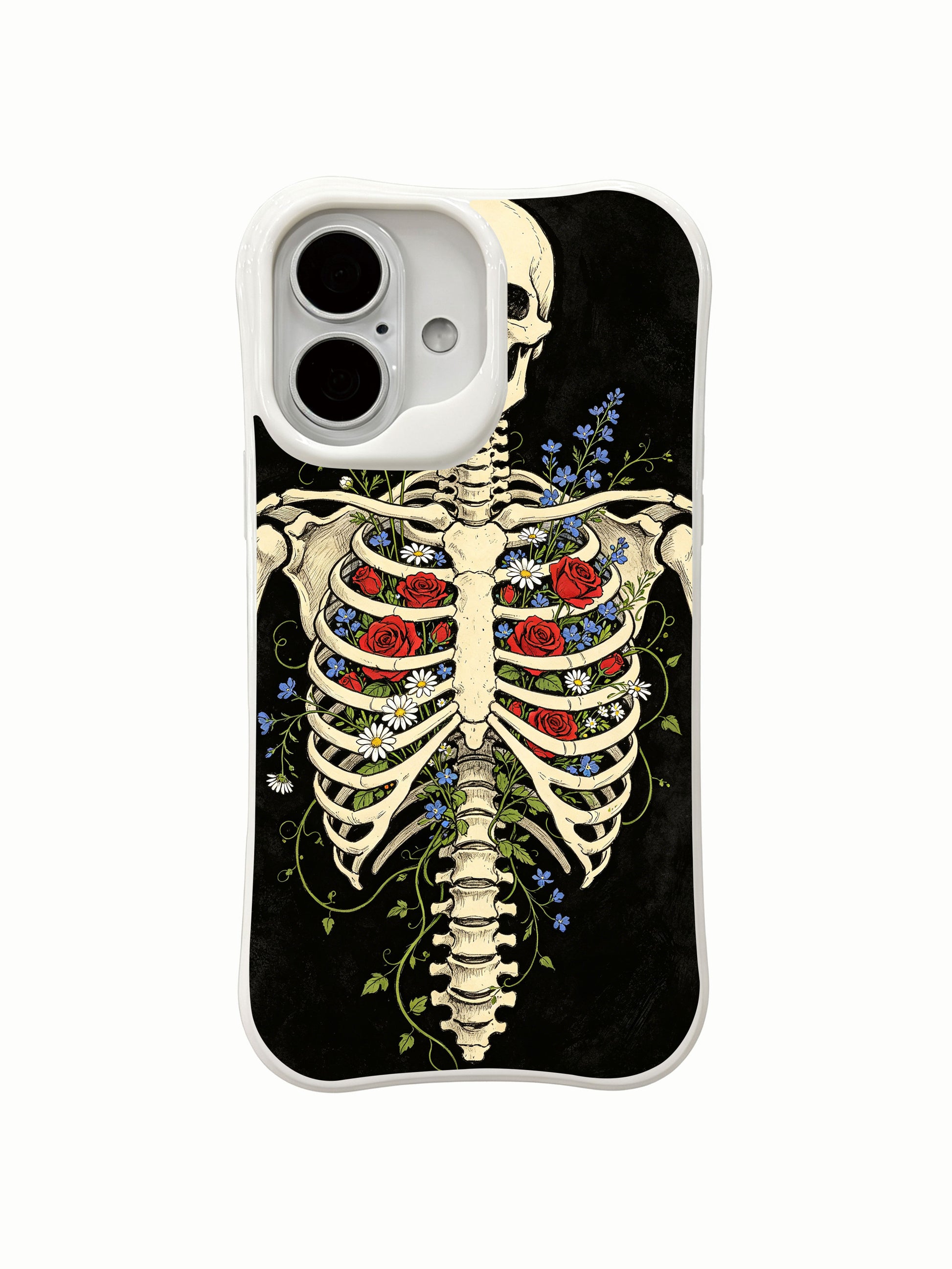 PhoneCasing lifestyle handheld Black Greenhouse iPhone 16 Case, female model holding traditional goth ribcage flower skeleton artwork outdoors, slim lightweight scratch resistant glossy iPhone 16 cover