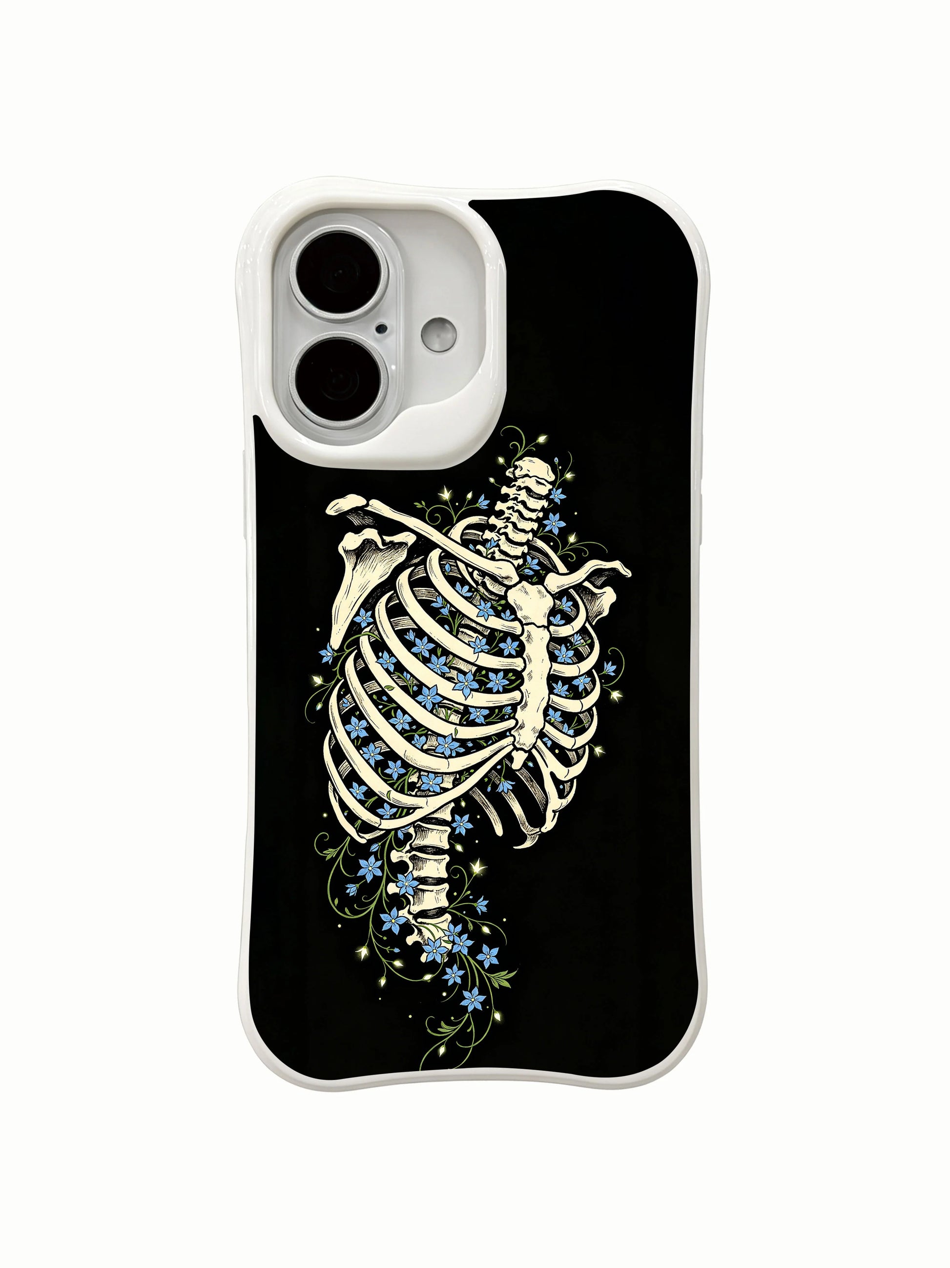 PhoneCasing lifestyle handheld Star Blossom In Bone iPhone 16 Case, female model holding traditional goth rib skeleton glowing blue flower artwork outdoors, slim lightweight scratch resistant glossy iPhone 16 cover