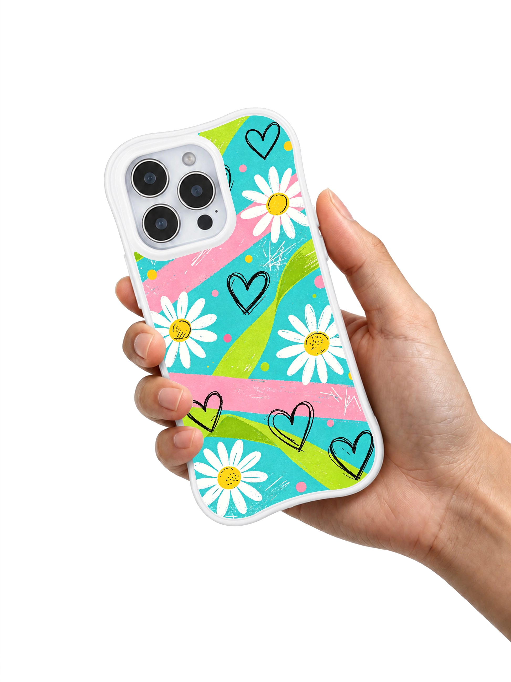 PhoneCasing iPhone 16 pro Case with airy summer picnic textured streak daisy scribble heart graphics balancing soft pastel charm and raw street sketch edge, Ruby Daze hopeful joyful pop art, California made wavy white phone cover.