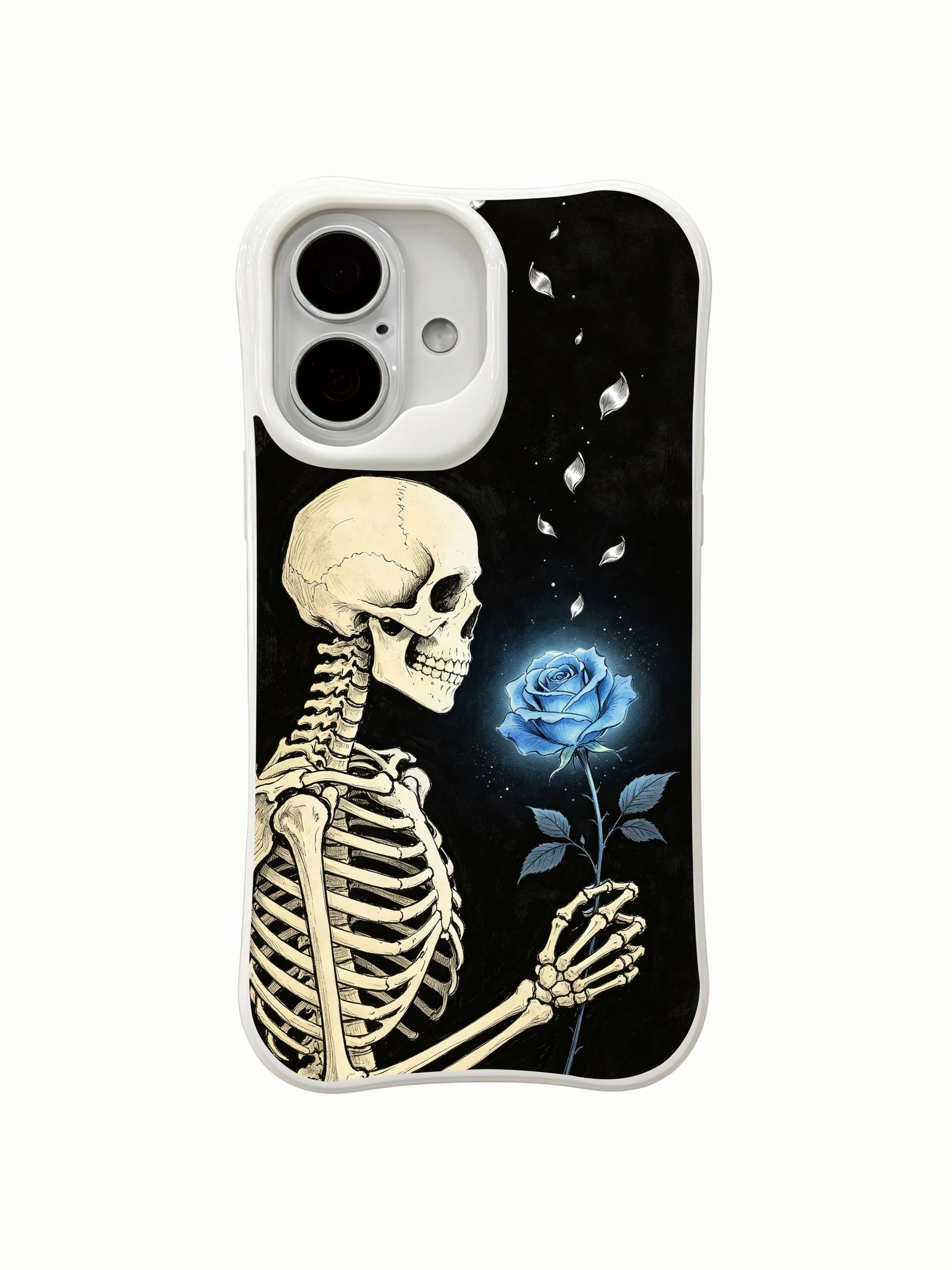 PhoneCasing outdoor urban lifestyle handheld Blue Rose Miracle iPhone 16 Case, female model holding soulful goth skeleton glowing-rose artwork outdoors, slim lightweight scratch resistant glossy iPhone 16 cover