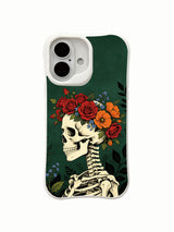 PhoneCasing outdoor urban lifestyle handheld Deep Forest Crown iPhone 16 Case, female model holding serene goth forest-crown skeleton artwork outdoors, slim lightweight scratch resistant glossy iPhone 16 cover