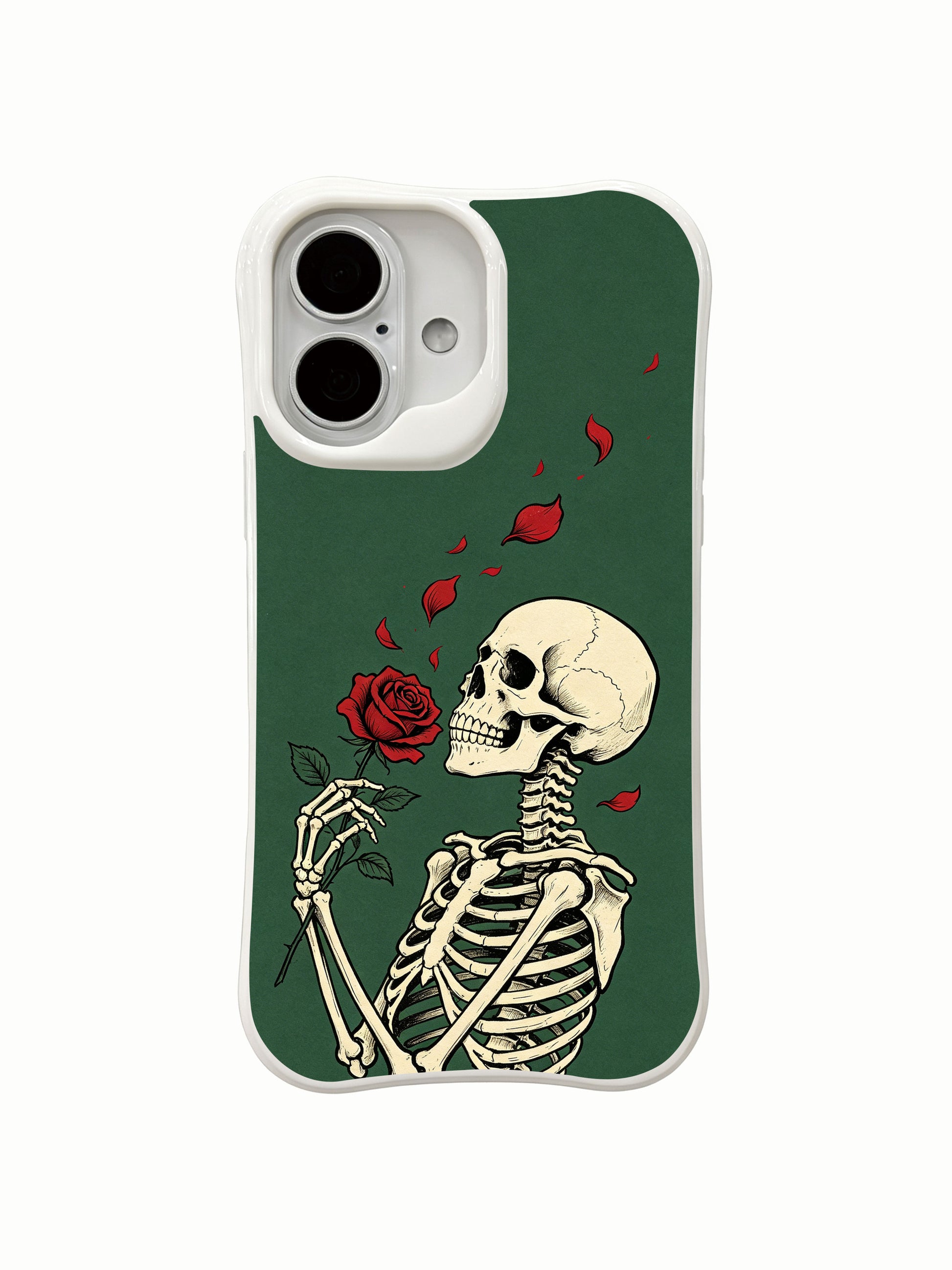 PhoneCasing outdoor urban lifestyle handheld Emerald Rose Letter iPhone 16 Case, female model showcasing muted goth skeleton rose design outdoors, slim lightweight scratch resistant glossy iPhone 16 cover