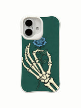 PhoneCasing outdoor urban lifestyle handheld Forest Blue Rose iPhone 16 Case, female model showcasing muted goth blue rose skeleton design outdoors, slim lightweight scratch resistant glossy iPhone 16 cover