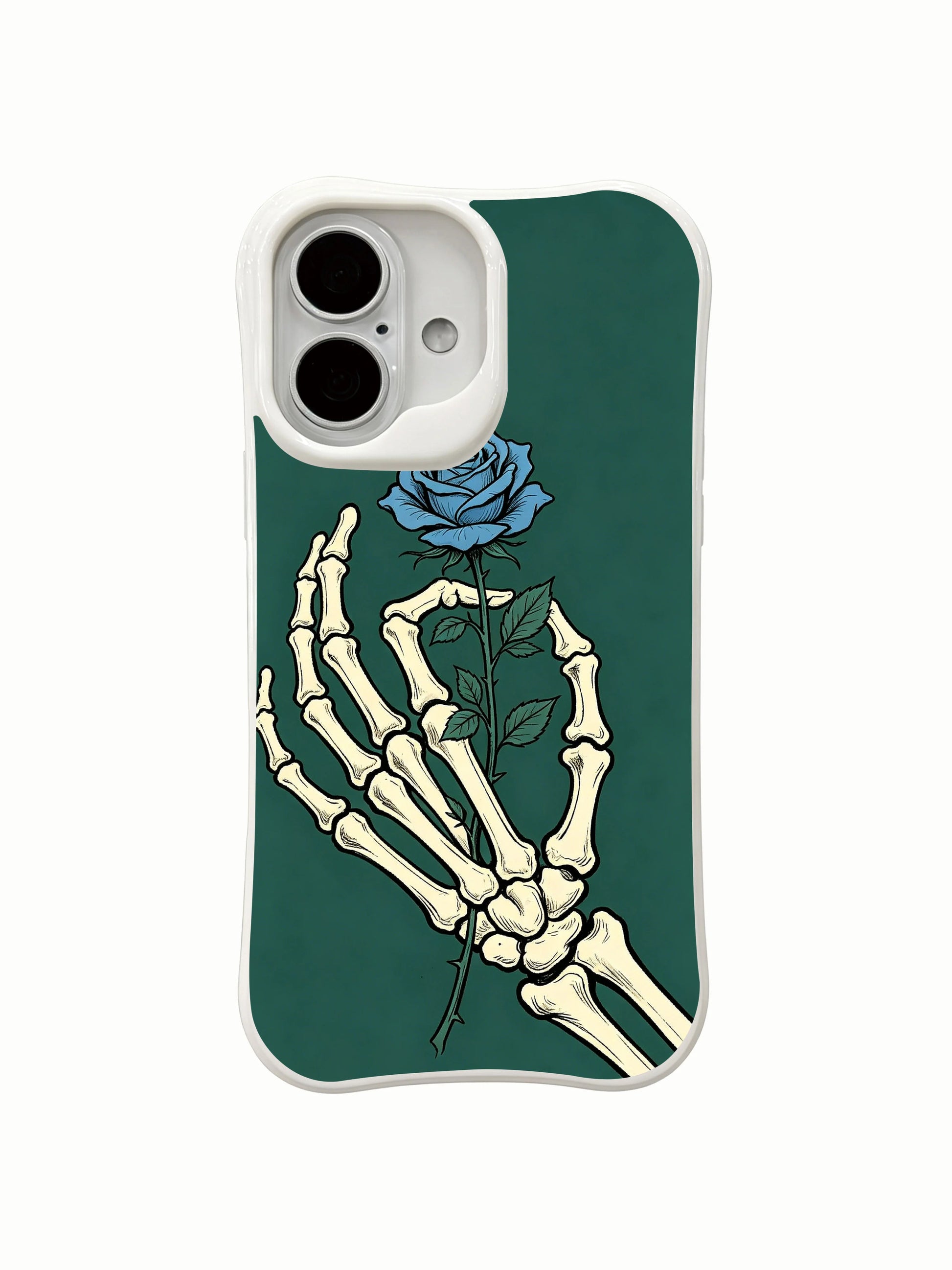 PhoneCasing outdoor urban lifestyle handheld Forest Blue Rose iPhone 16 Case, female model showcasing muted goth blue rose skeleton design outdoors, slim lightweight scratch resistant glossy iPhone 16 cover