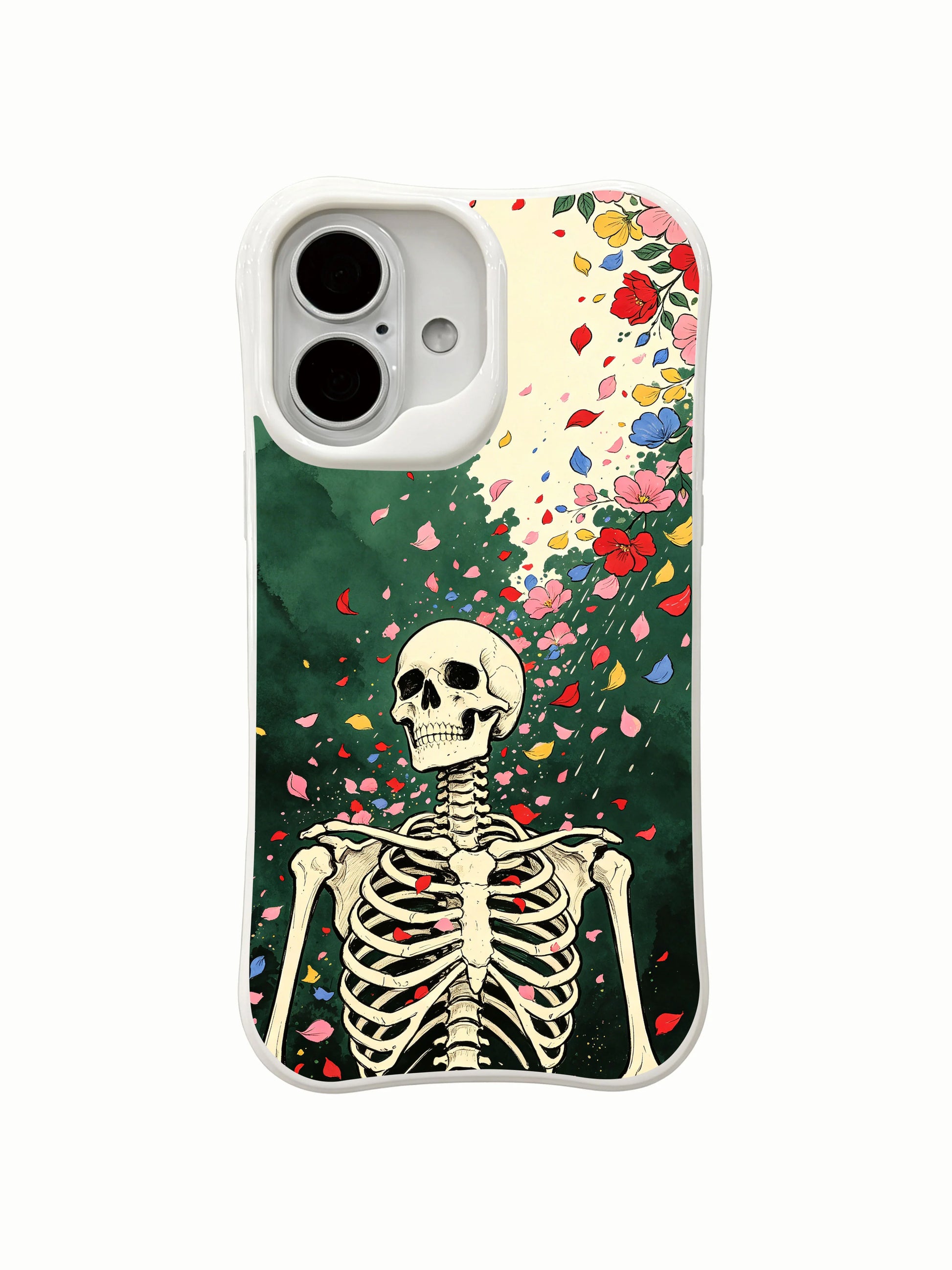 PhoneCasing outdoor urban lifestyle handheld Green Curtain Petal iPhone 16 Case, female model showcasing muted goth flower rain design outdoors, slim lightweight scratch resistant glossy iPhone 16 cover