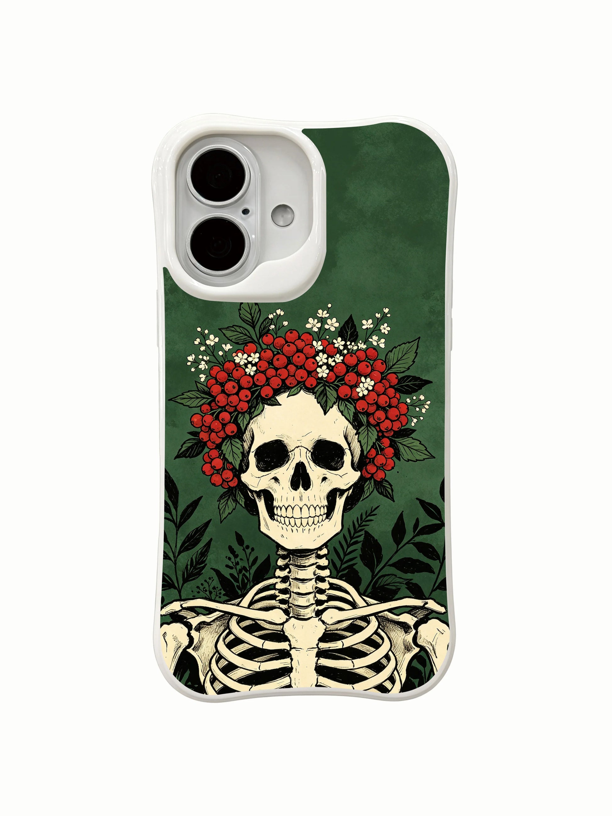 PhoneCasing outdoor urban lifestyle handheld Red Berry Queen iPhone 16 Case, female model showcasing muted goth crowned skeleton berry design outdoors, slim lightweight scratch resistant glossy iPhone 16 cover