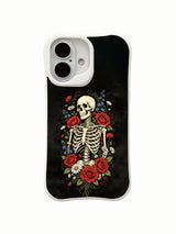PhoneCasing outdoor urban lifestyle handheld Eternal Night Bloom iPhone 16 Case, female model holding serene goth skeleton all-bloom artwork outdoors, slim lightweight scratch resistant glossy iPhone 16 cover