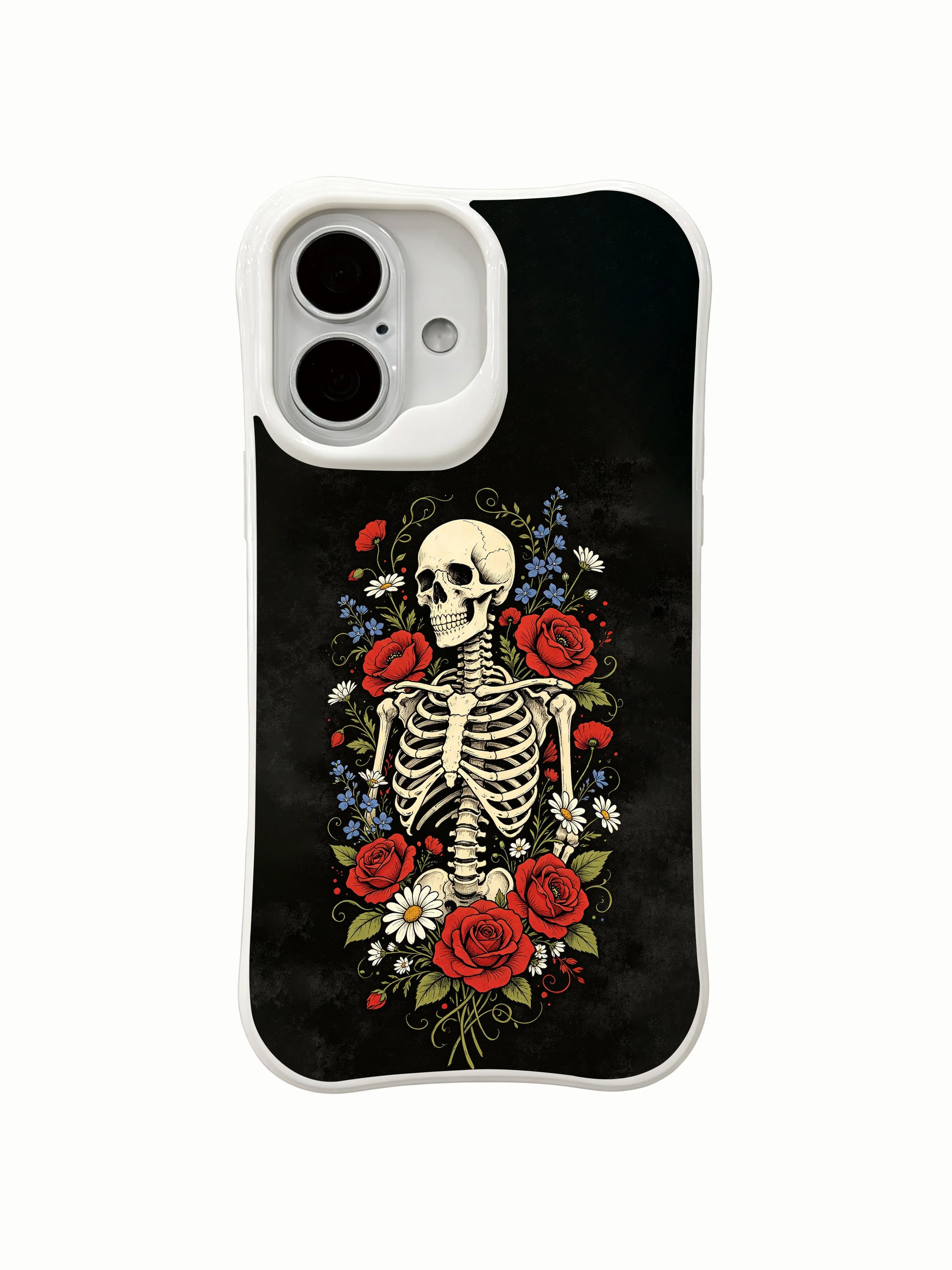 PhoneCasing outdoor urban lifestyle handheld Eternal Night Bloom iPhone 16 Case, female model holding serene goth skeleton all-bloom artwork outdoors, slim lightweight scratch resistant glossy iPhone 16 cover