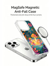 PhoneCasing iPhone 16 pro max Case, premium anti-drop transparent casing focused on big glowing red-dot toadstool soaking in hot spring, tiny mini fungi surround pool edge, assorted wild daisies frame whole pond, boho cottagecore iPhone 16 pro max casing manufactured at US domestic factory.
