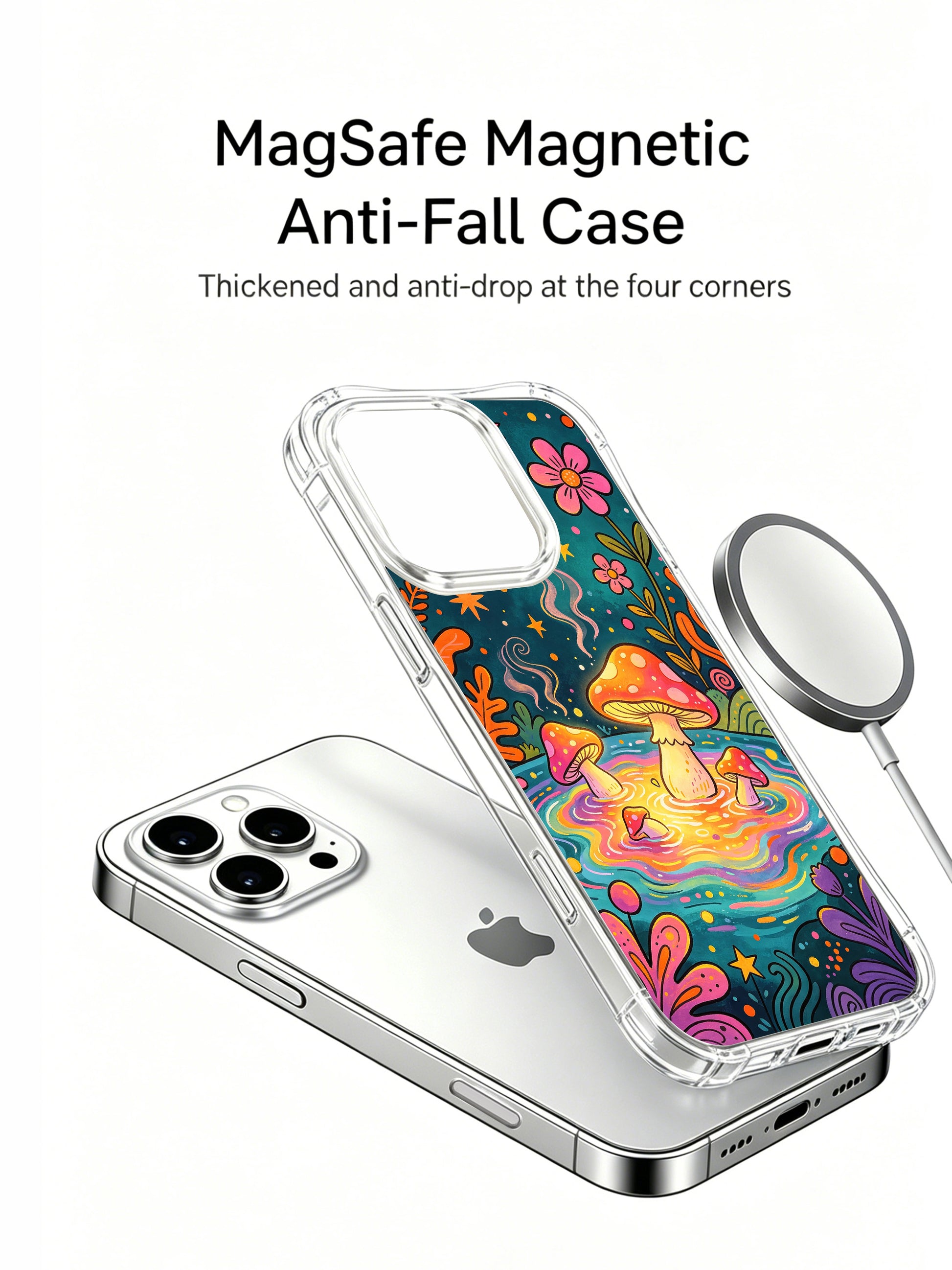 PhoneCasing iPhone 16 pro max Case, premium anti-drop transparent casing focused on big glowing red-dot toadstool soaking in hot spring, tiny mini fungi surround pool edge, assorted wild daisies frame whole pond, boho cottagecore iPhone 16 pro max casing manufactured at US domestic factory.