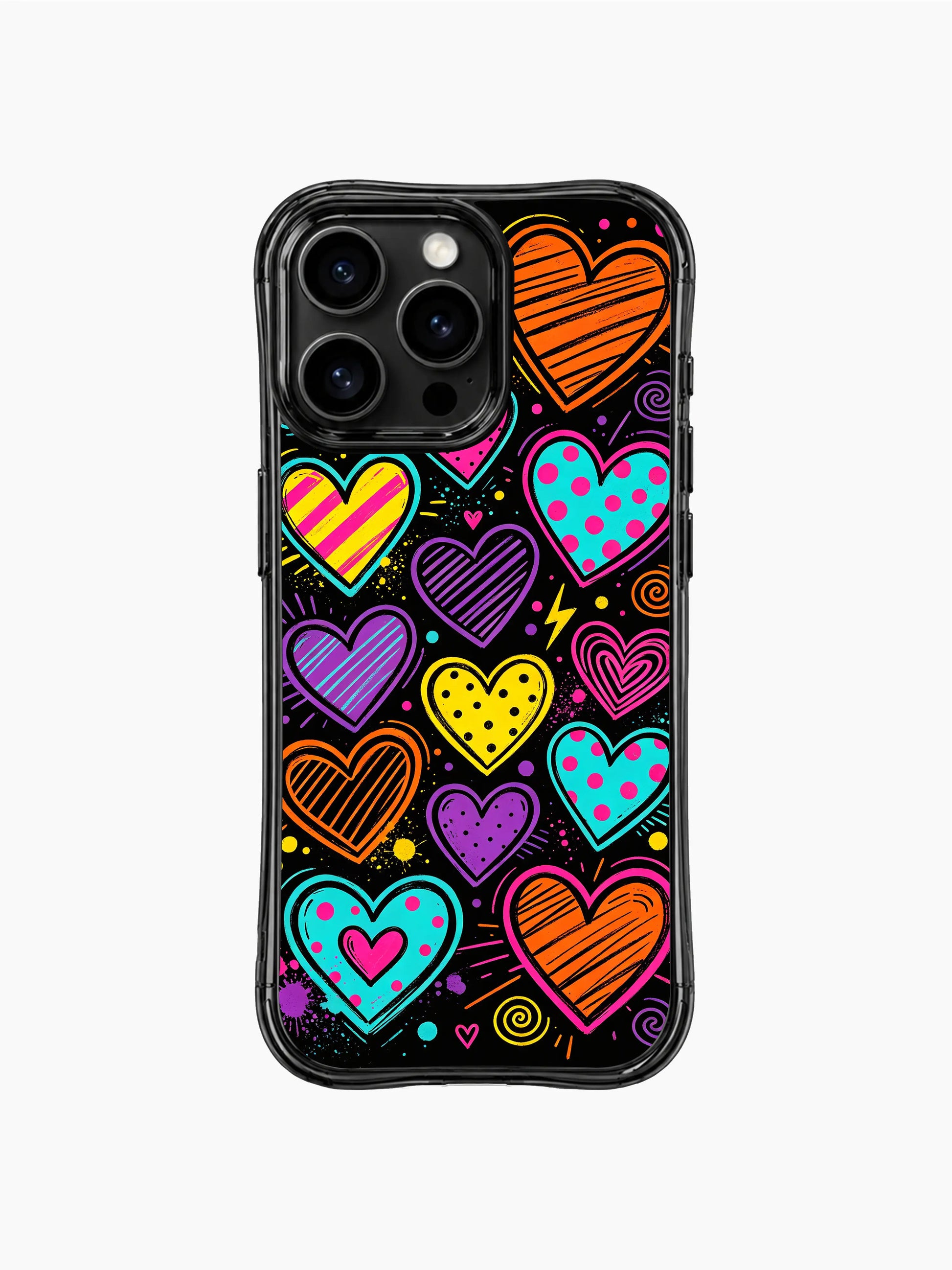 PhoneCasing iPhone 13 Pro Max cover with paint splatter and spiral swirl graffiti surrounding colorful heart parade design, vivid artistic casing.
