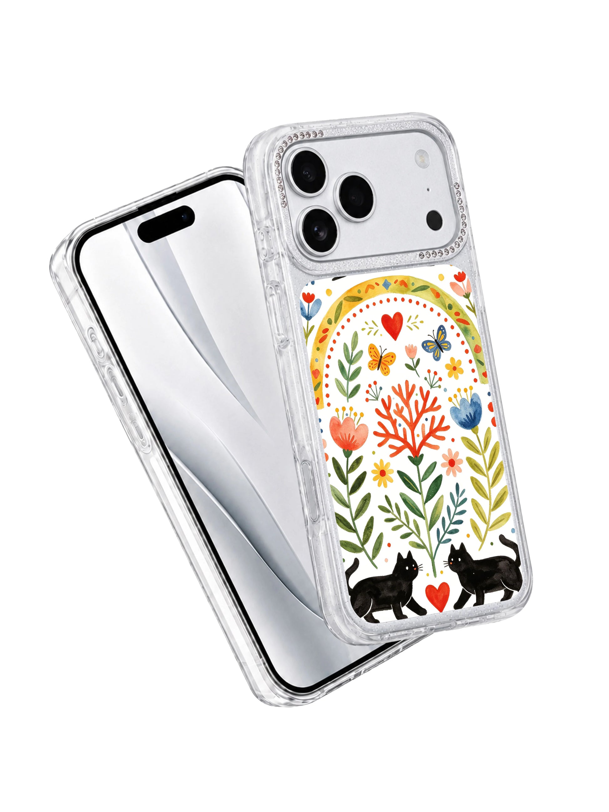 PhoneCasing romantic milestone gift iphone 17 pro Max casing with two swallows beneath matching rainbow arches, paired wolves and heart details for couples and animal lovers.