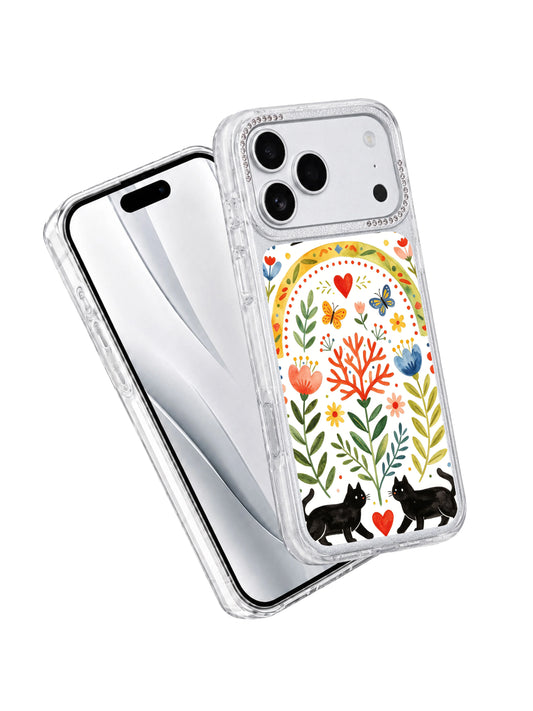 PhoneCasing romantic milestone gift iphone 17 pro Max casing with two swallows beneath matching rainbow arches, paired wolves and heart details for couples and animal lovers.