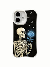 PhoneCasing Palm Bloom Thorax Nursery skeleton iPhone 16 Case, rare glowing blue flower rising from skeletal palm with vintage worn black backdrop, UV-printed durable daily-use iPhone 16 casing