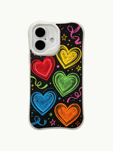 PhoneCasing Neon Doodle Hearts Case for iPhone 16 Plus, a vibrant iPhone 16 plus casing with chalk hearts and star details on black background.