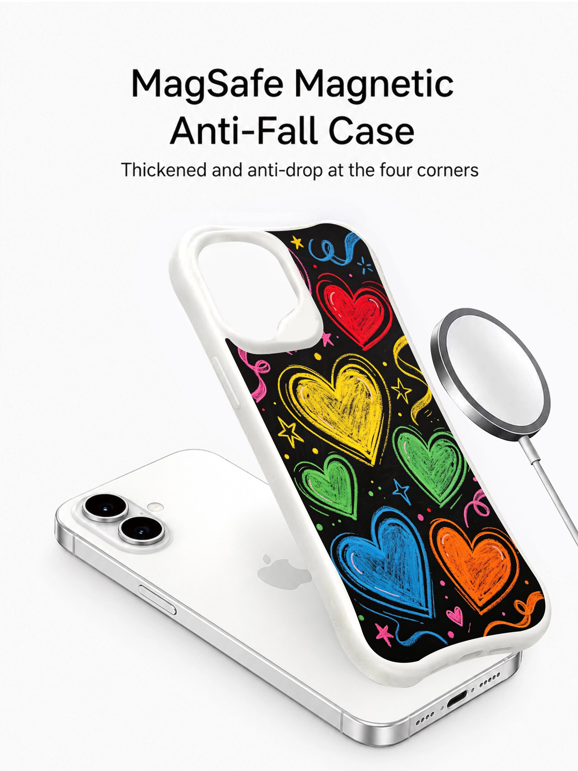 PhoneCasing Party Chalk Hearts Case for iPhone 16 Plus, a fun iPhone 16 plus casing with doodle hearts, stars, and confetti accents.