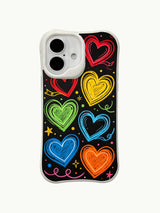 PhoneCasing Party Doodle Hearts Case for iPhone 16 Plus, a whimsical iPhone 16 plus casing with chalk hearts, stars, and confetti dots.