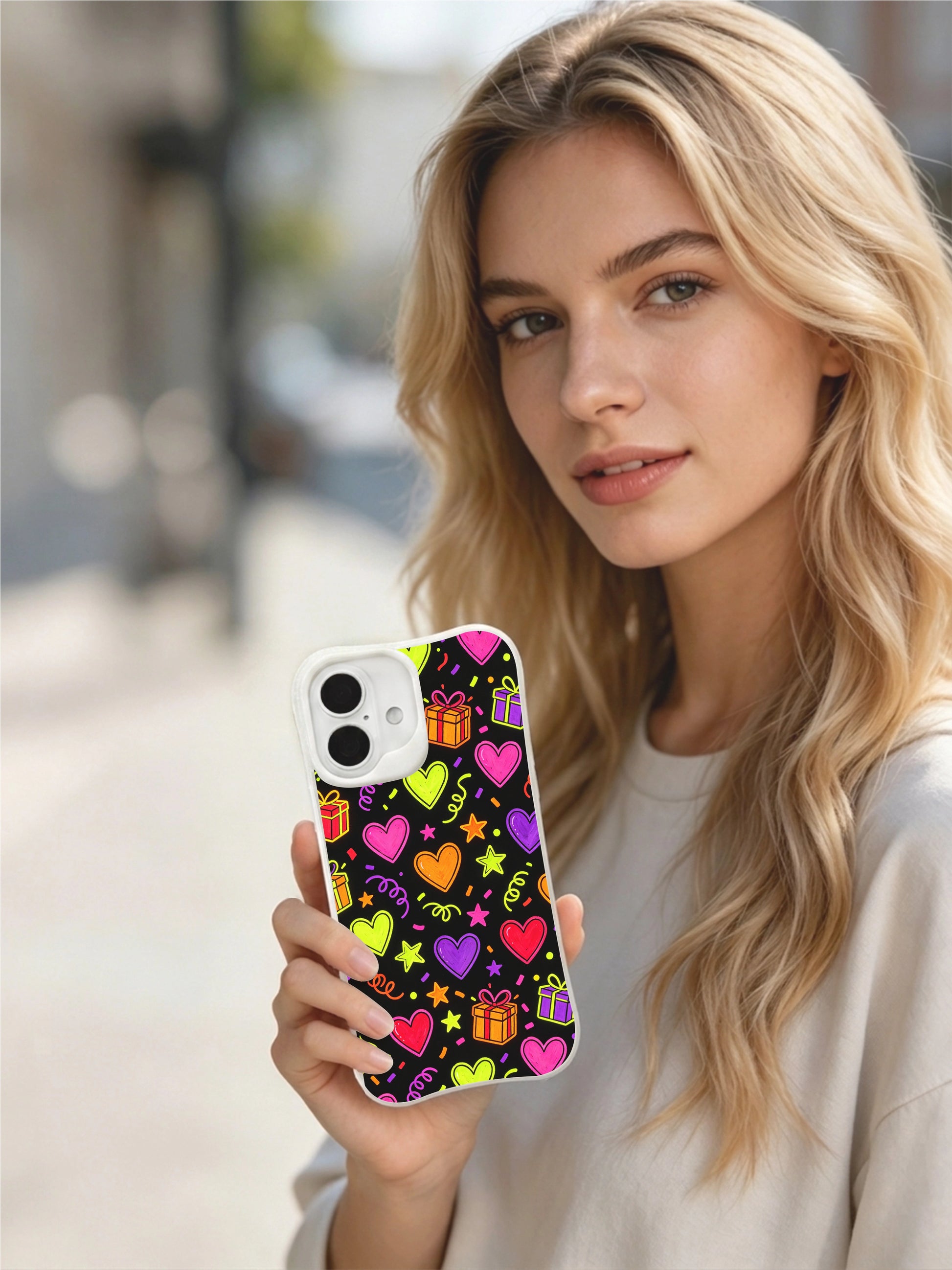 PhoneCasing party neon hearts iPhone 16 plus case, Daisy Vale original art showcasing a lively, joyful celebration scene.