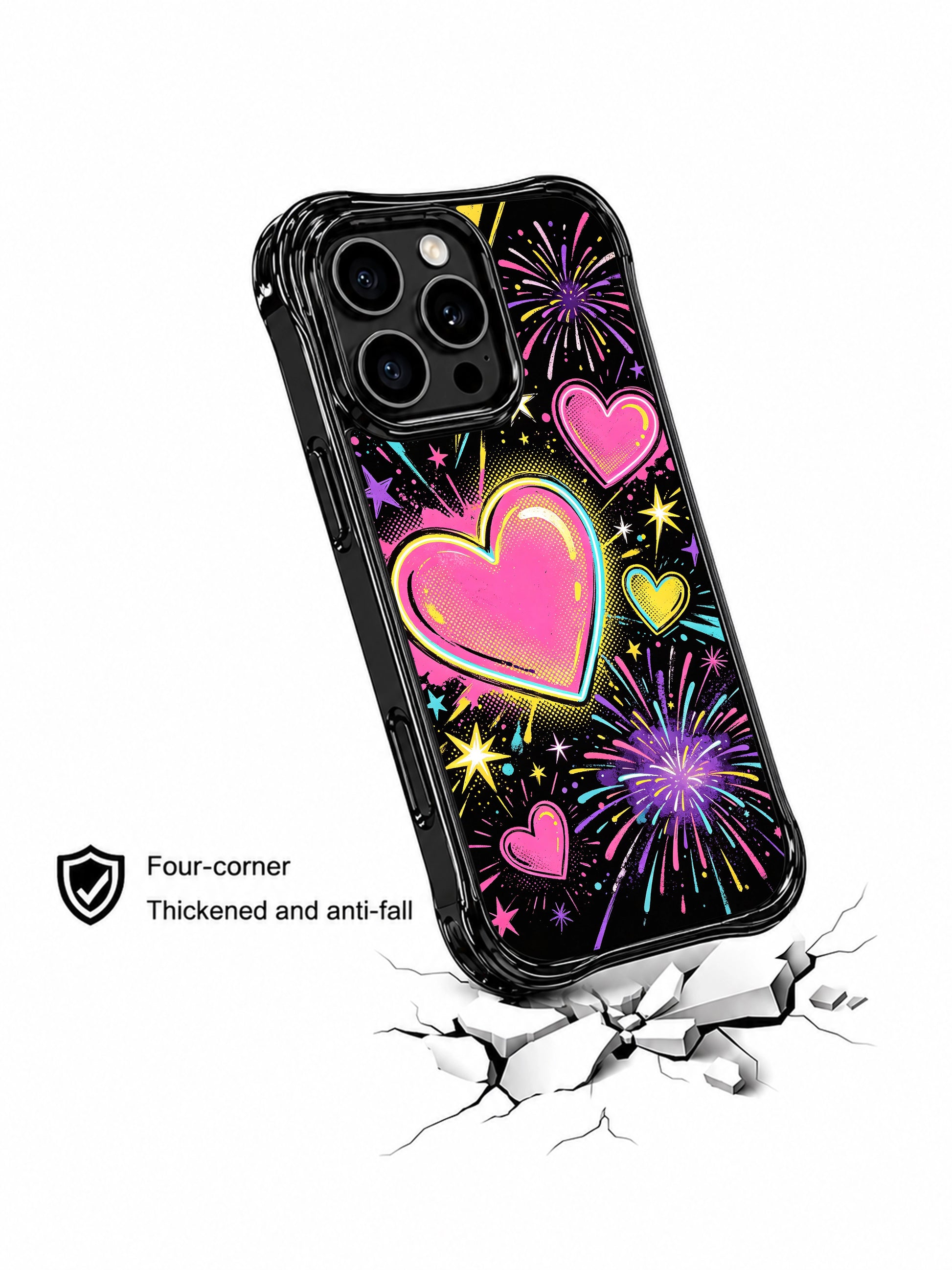 Fun party valentine friendly PhoneCasing iPhone 13 Pro Max cover, dark night base full pop heart fireworks doodle pattern, saturated multi neon glow hearts, tiny star and paint splatter accents