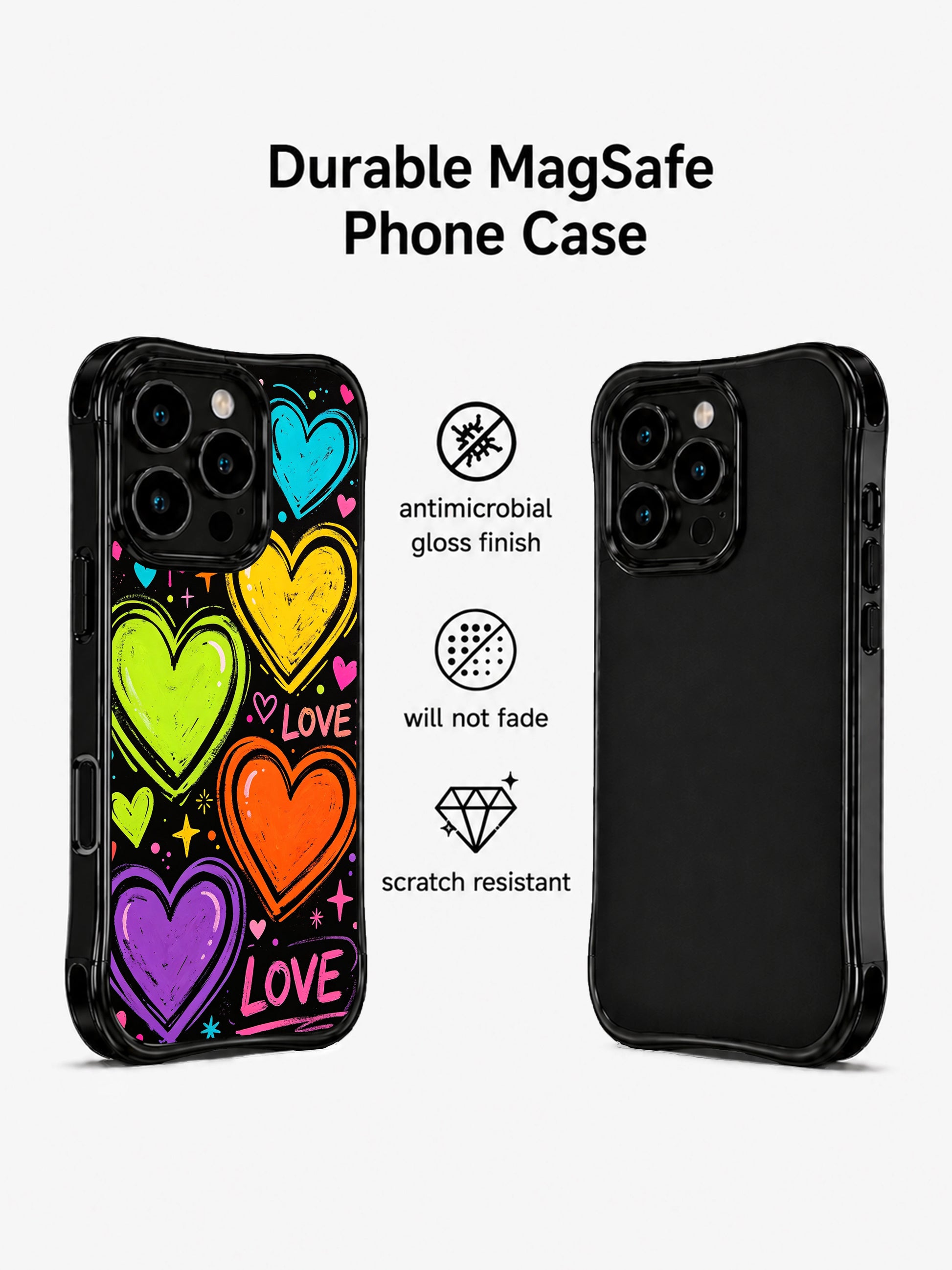 Standout expressive valentine party PhoneCasing iPhone 13 Pro Max casing, Loud Love Energy layered heart crayon collage, vivid pink yellow cyan orange purple neon bouncing hearts, LOVE text star swirl elements