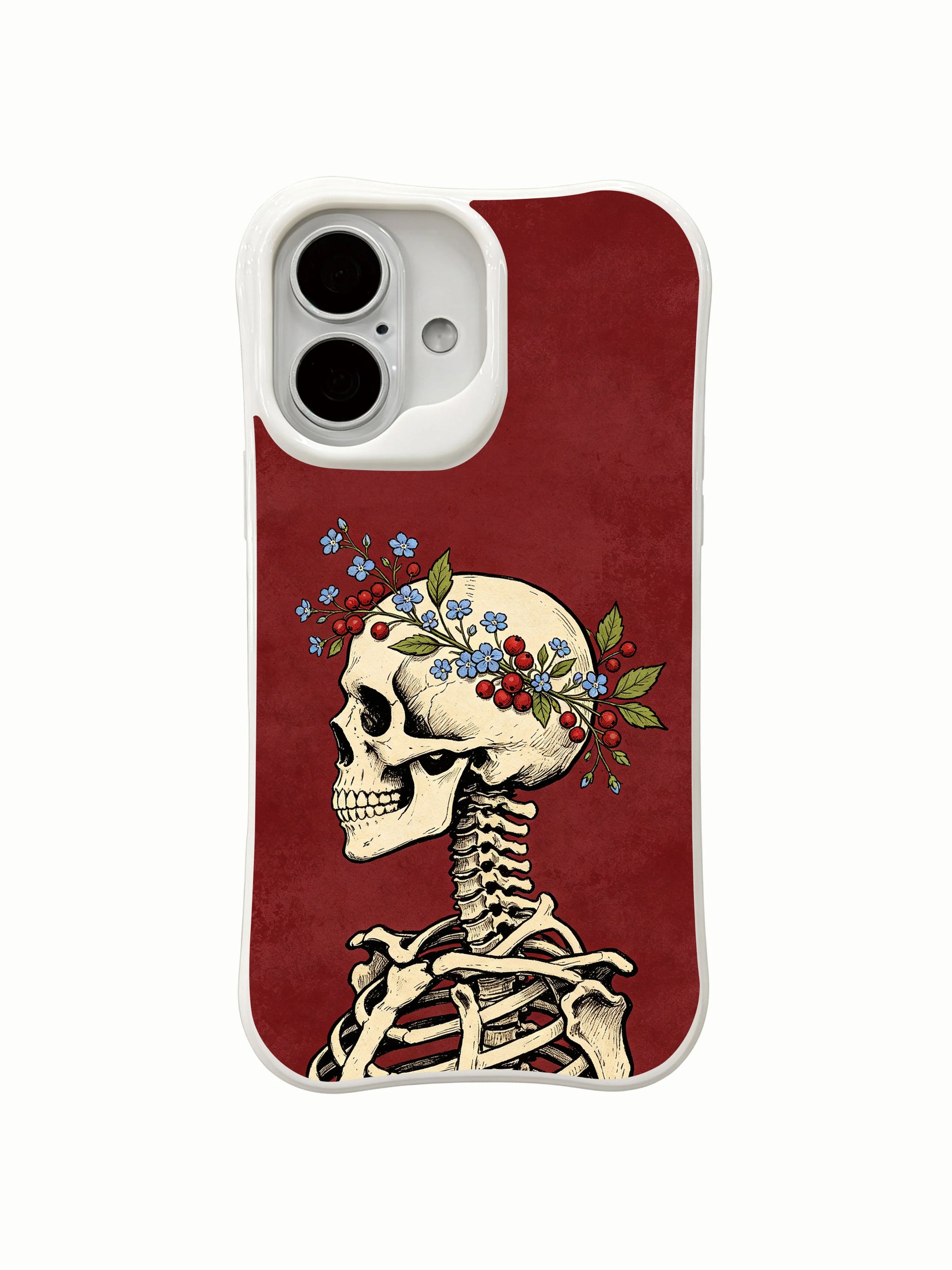 PhoneCasing past-memory-grace skull crown iPhone 16 Case, symbolic forget-me-not wreath goth art about reconciling memories, MagSafe compatible custom printed iPhone 16 casing