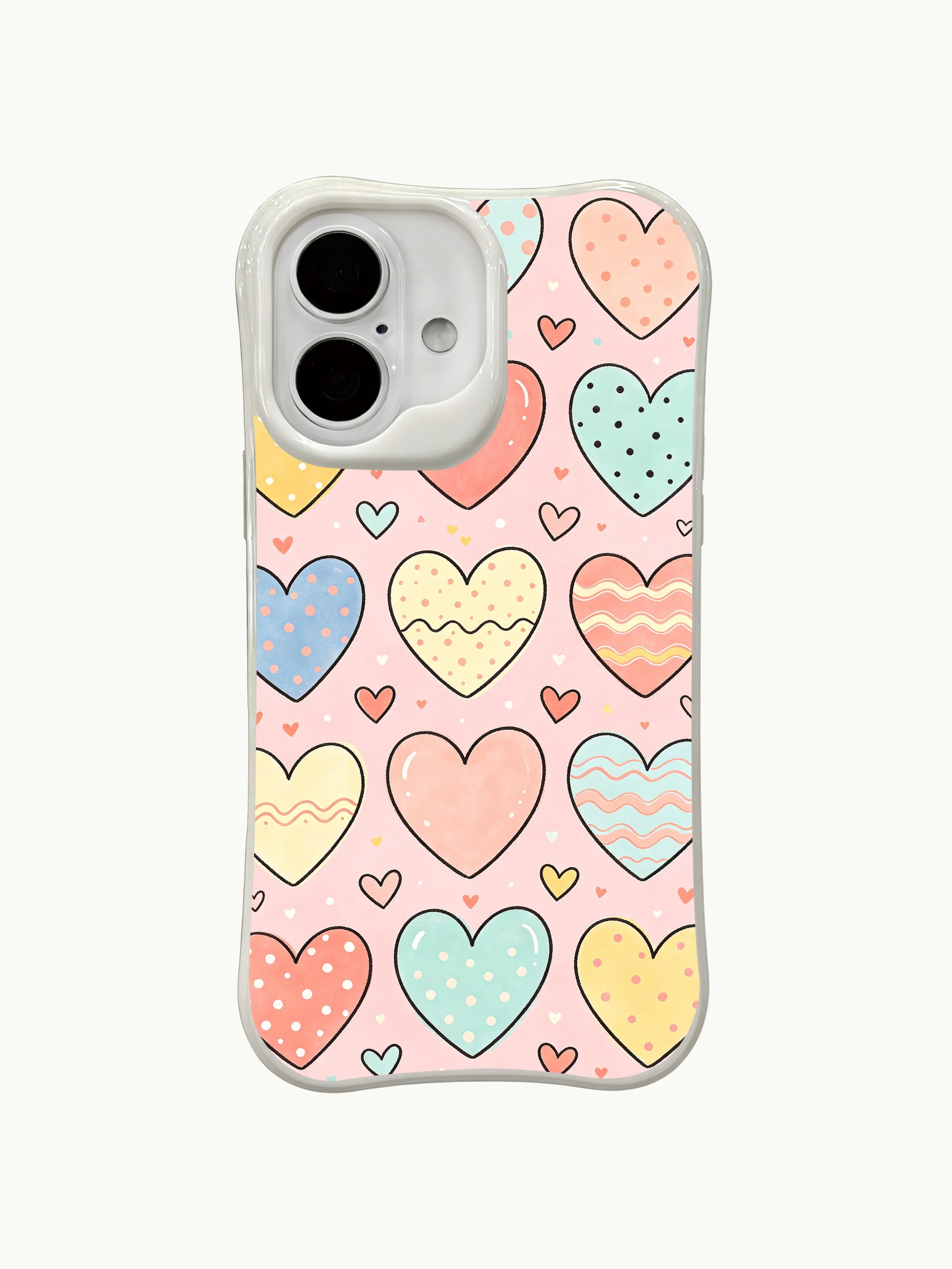 PhoneCasing Pastel Candy Hearts Case for iPhone 16 Plus, a whimsical iPhone 16 plus casing with polka-dot hearts and pink background.