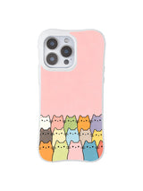 PhoneCasing iPhone 16 Pro Max with Pastel Cat Community design, vibrant multi-colored cats gathering at the bottom on a sweet pink backdrop.