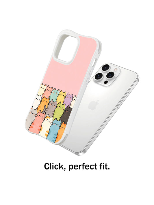 PhoneCasing iPhone 16 Pro Max with Pastel Cat Crew print, a diverse group of cute cats peeking out from the bottom on a soft pink background.
