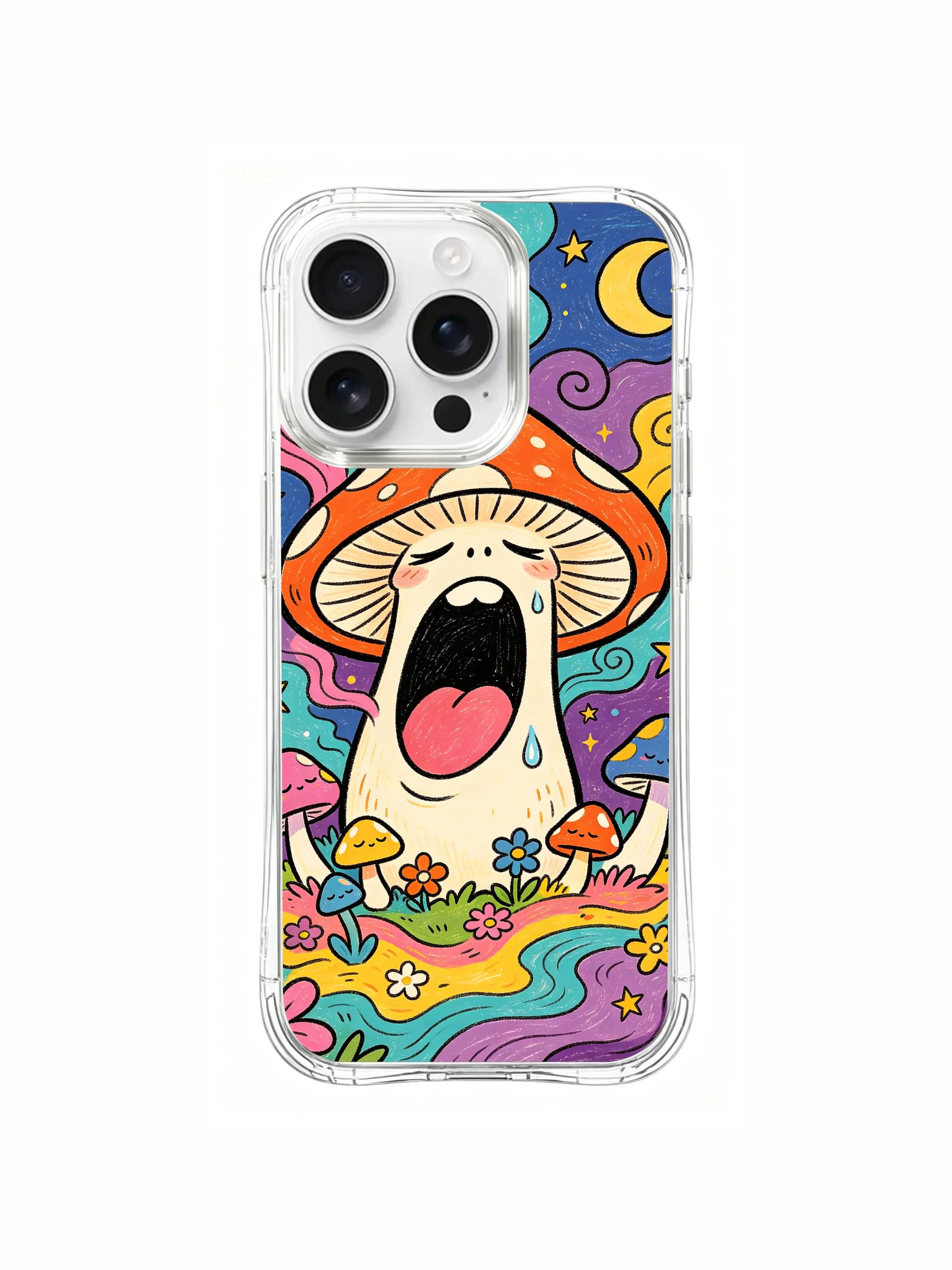 PhoneCasing iPhone 16 pro max Case, dreamy folk art casing with soft white cloud puff resting next to swirling rainbow smoke drifting from yawn mushroom above sunlit colorful woodland packed with dozing fungi, limited collab anti-scratch premium casing.