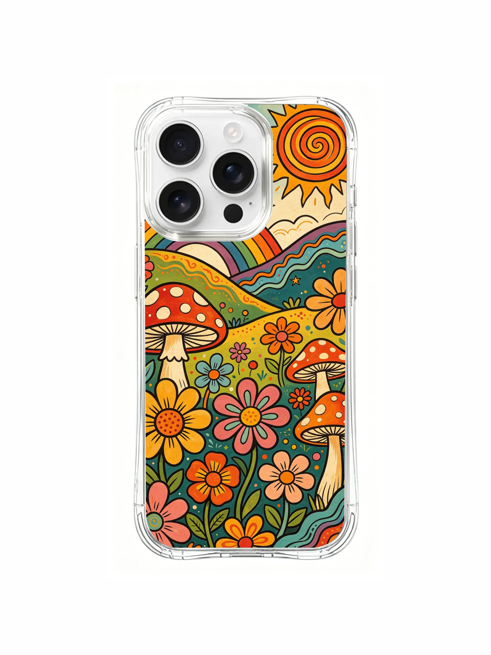 PhoneCasing iPhone 16 pro max Case, dreamy folk art casing with soft white cloud puff resting next to swirling orange sun above sunlit colorful valley hills packed with blended floral-mushroom plantlife, limited collab anti-scratch premium casing