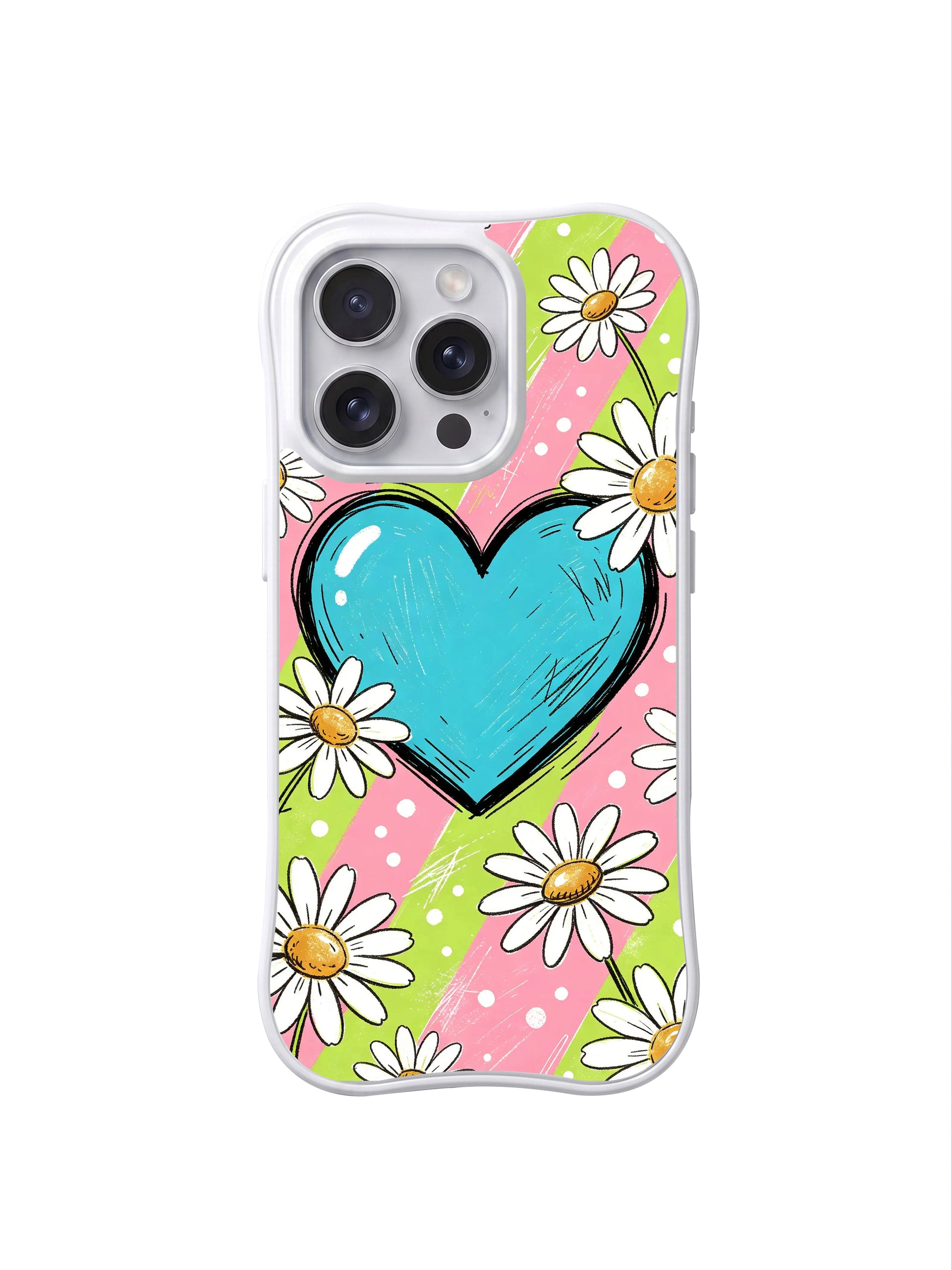 PhoneCasing iPhone 16 pro Case with soft kawaii notebook doodle wall poster composition built on mild pink-lime diagonal pastel striped polka dot base oversized glossy hand sketched cyan heart naturally scattered textured white daisy silhouettes, exclusive Ruby Daze artist collab heavy-duty protective art case.