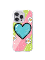 PhoneCasing iPhone 16 pro Case with faint light uneven scratch sketch distressing as subtle notebook doodle texture across the full pastel stripe surface, exclusive Ruby Daze wearable wavy white frame soft kawaii floral sketch art.